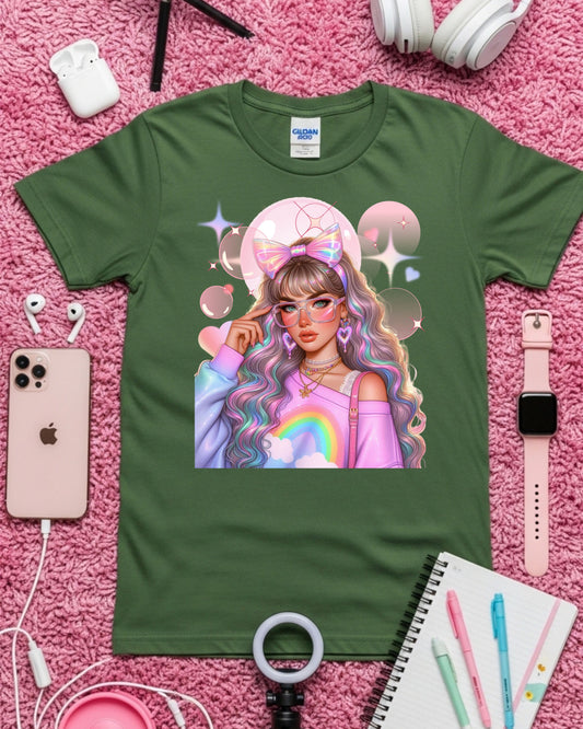 Kawaii Pastel Girl T‑Shirt Soft Girl Aesthetic Tee Gen Z Rainbow Hair Graphic Cute Pastel Anime‑Inspired Top Whimsical Aesthetic Shirt