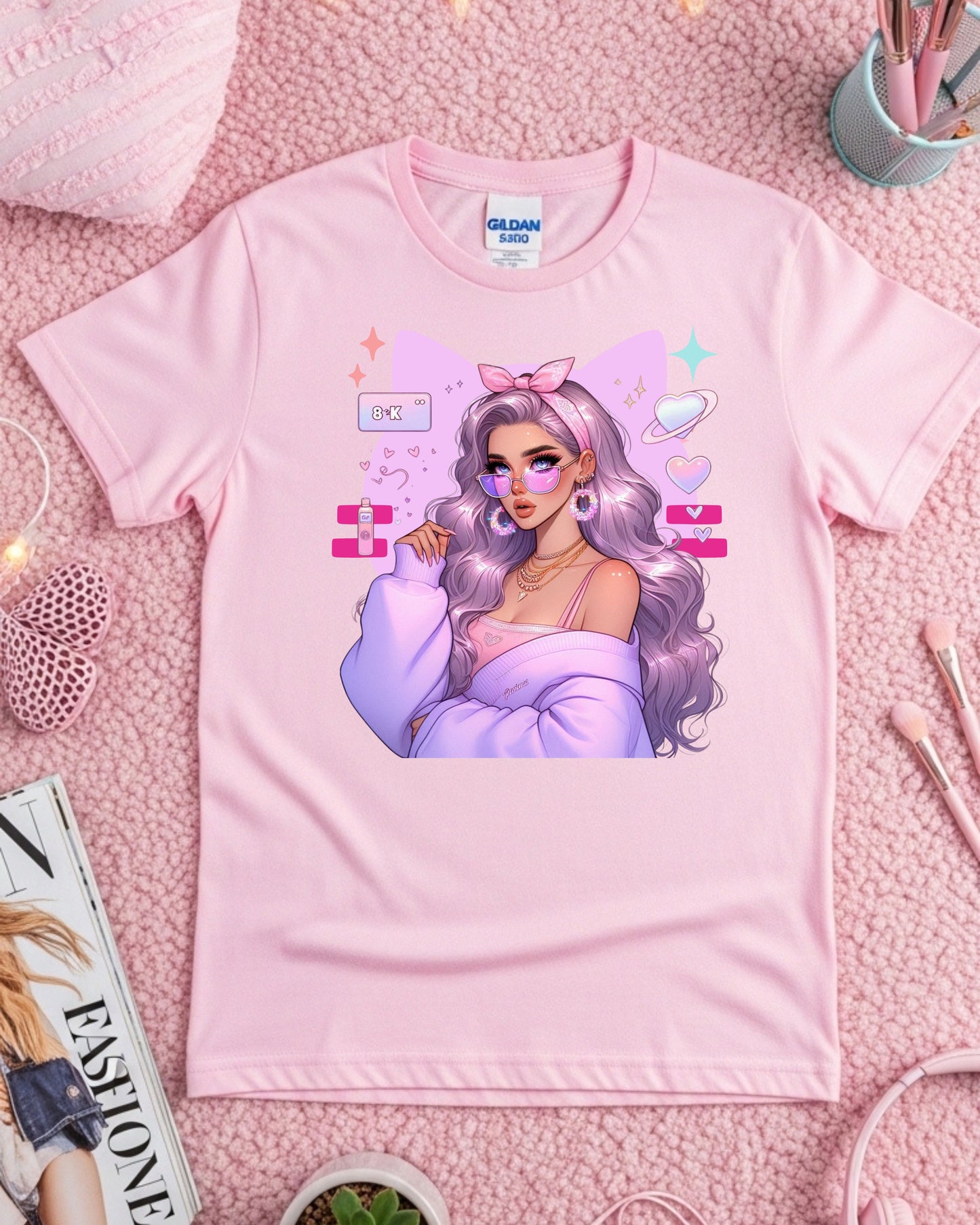 Pastel Kawaii Girl T-Shirt: Lavender Hair Anime Graphic Top