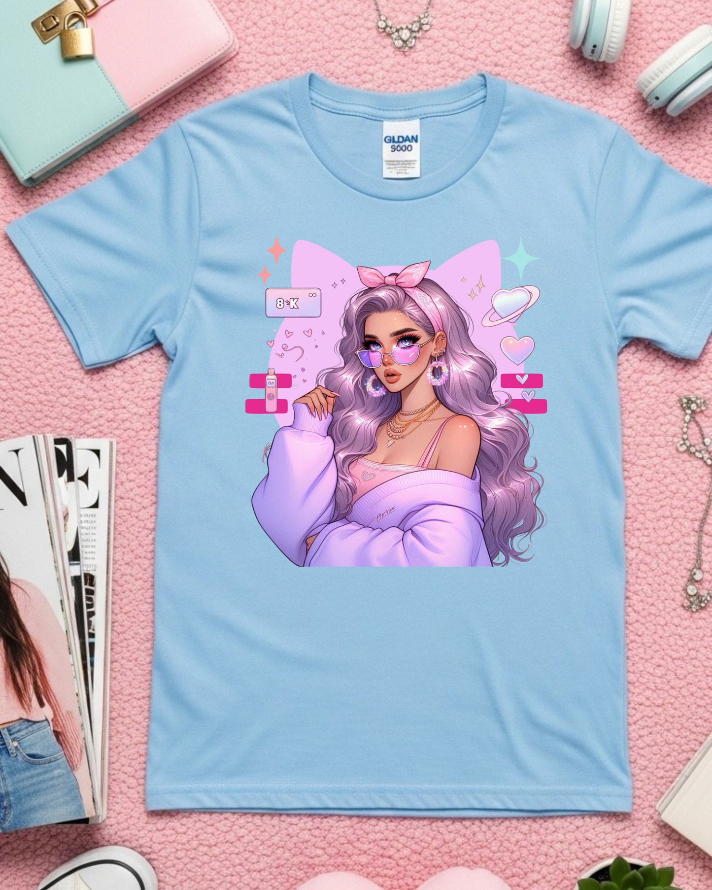 Pastel Kawaii Girl T-Shirt: Lavender Hair Anime Graphic Top