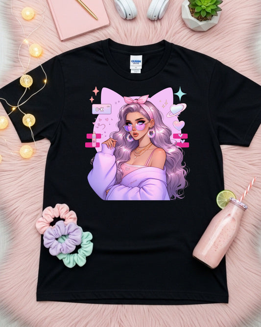 Pastel Kawaii Girl T-Shirt: Lavender Hair Anime Graphic Top