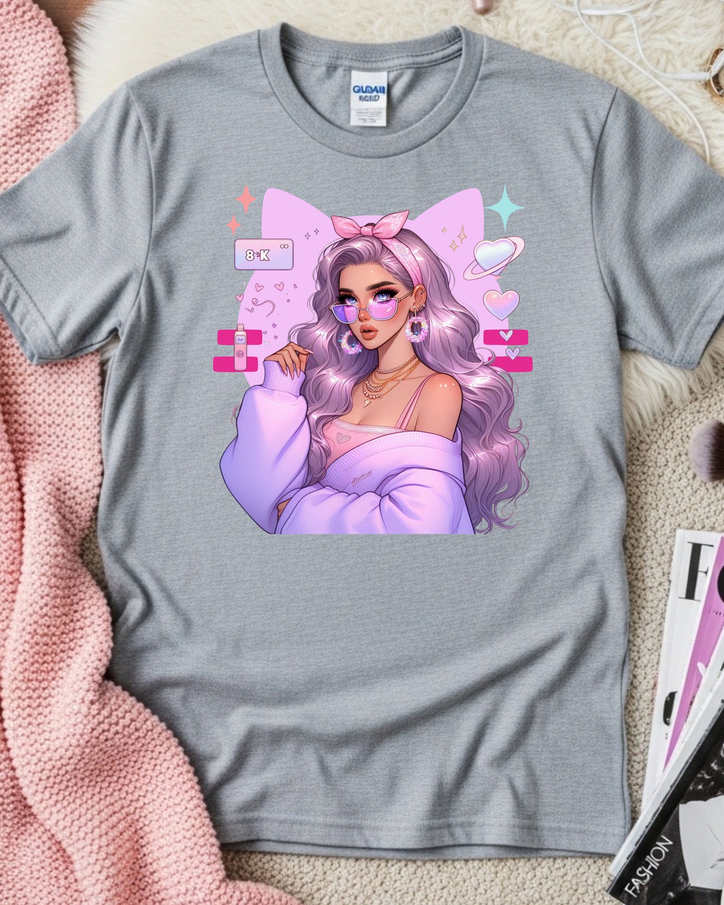 Pastel Kawaii Girl T-Shirt: Lavender Hair Anime Graphic Top