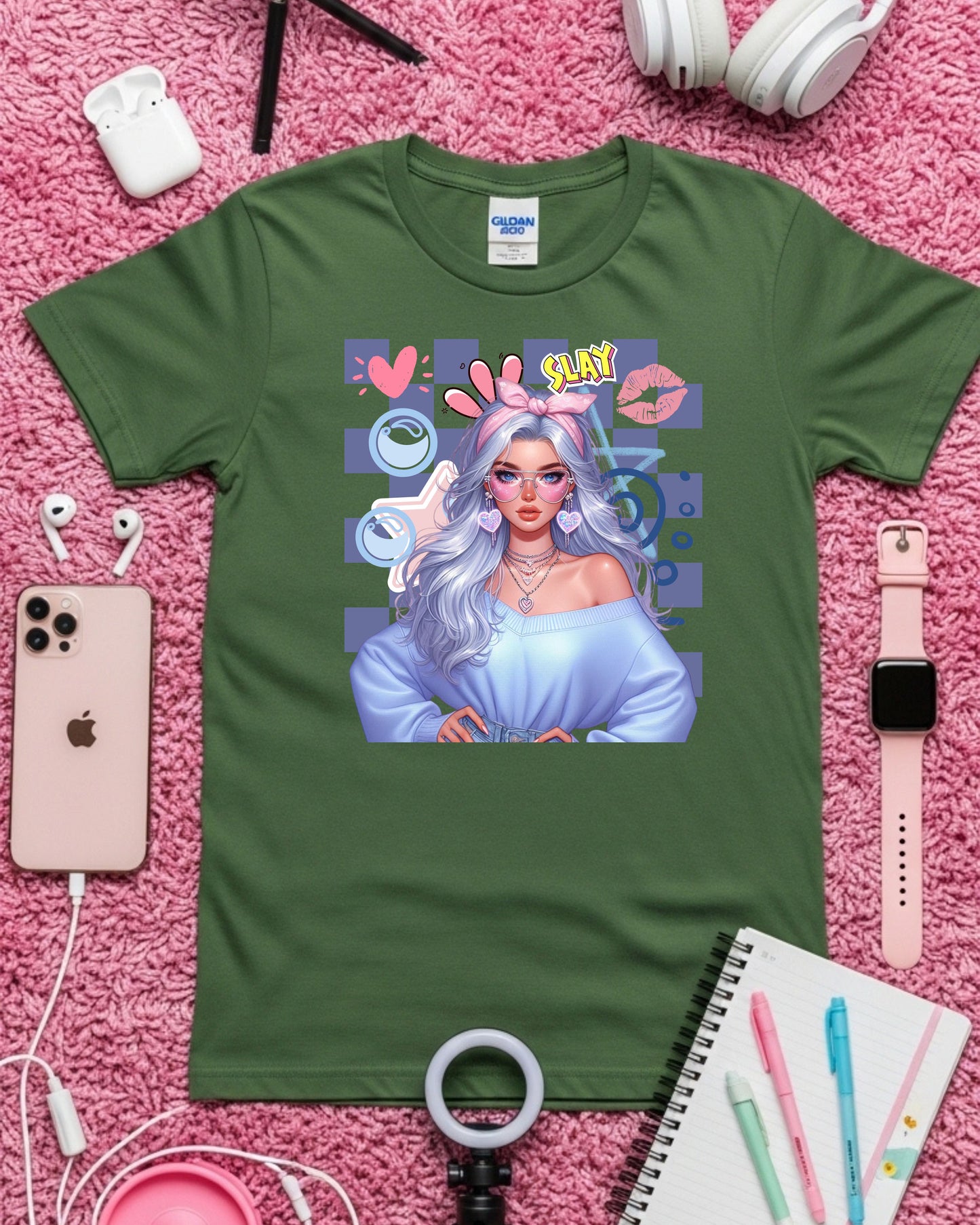 Kawaii Pastel Girl T‑Shirt • Soft Girl Aesthetic Tee • Gen Z Silver Hair Graphic • Cute Anime‑Inspired Top • Pop Art “Slay” Aesthetic Shirt