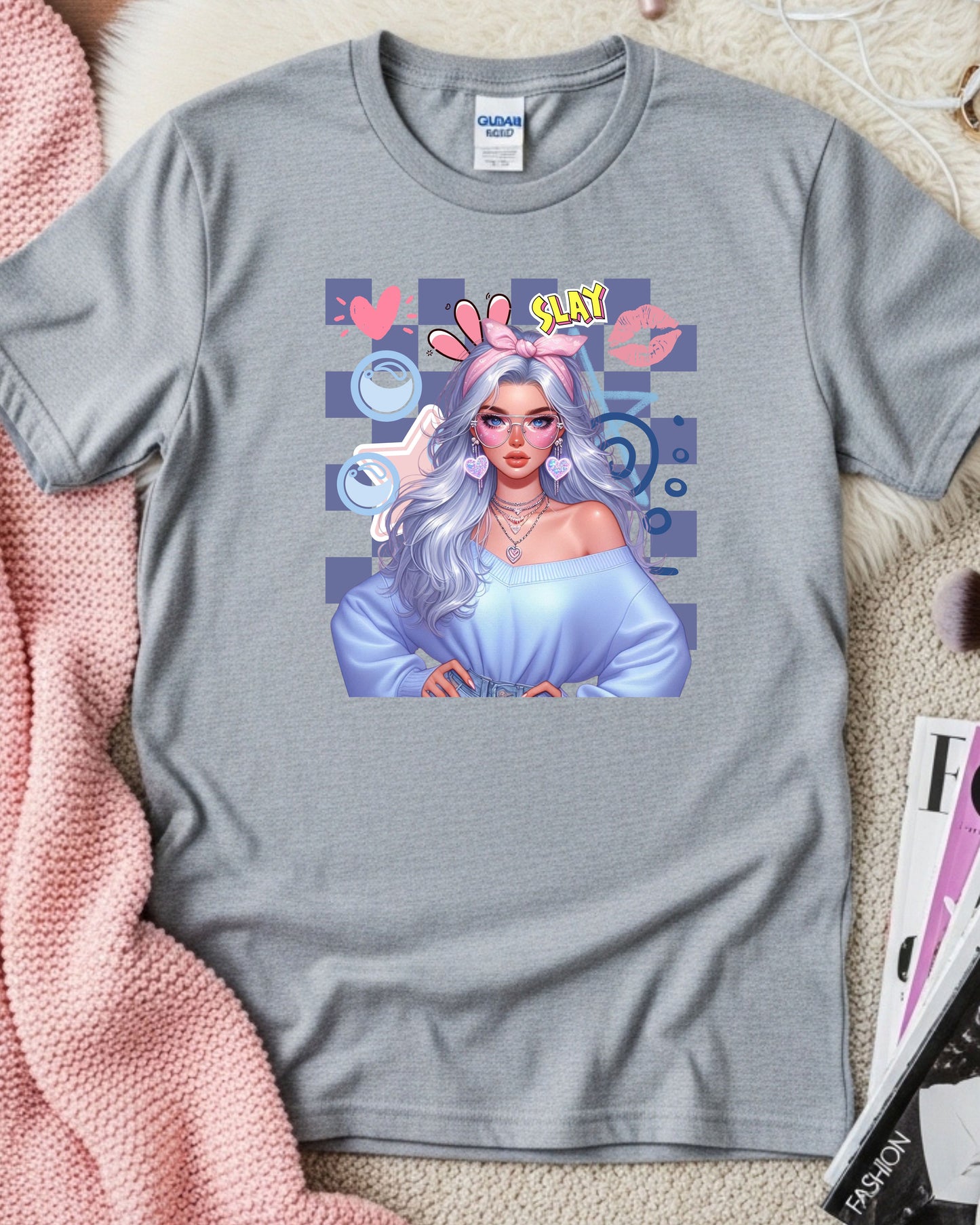 Kawaii Pastel Girl T‑Shirt • Soft Girl Aesthetic Tee • Gen Z Silver Hair Graphic • Cute Anime‑Inspired Top • Pop Art “Slay” Aesthetic Shirt