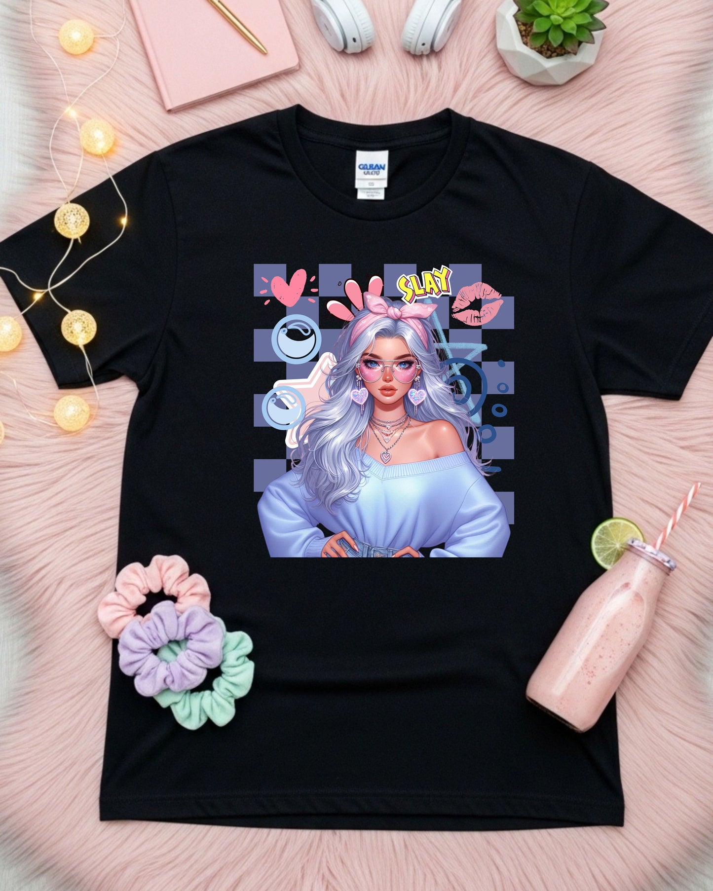 Kawaii Pastel Girl T‑Shirt • Soft Girl Aesthetic Tee • Gen Z Silver Hair Graphic • Cute Anime‑Inspired Top • Pop Art “Slay” Aesthetic Shirt