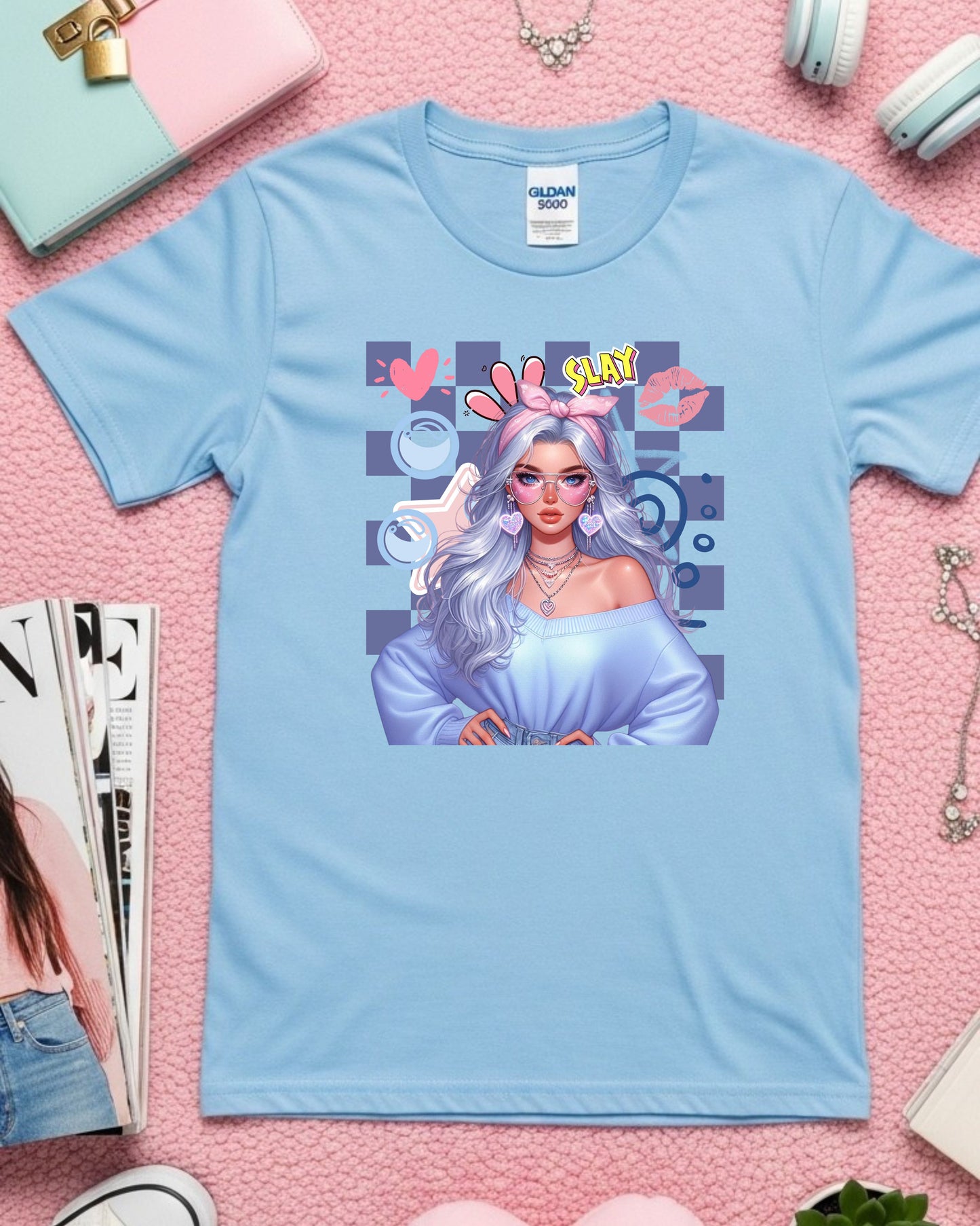 Kawaii Pastel Girl T‑Shirt • Soft Girl Aesthetic Tee • Gen Z Silver Hair Graphic • Cute Anime‑Inspired Top • Pop Art “Slay” Aesthetic Shirt