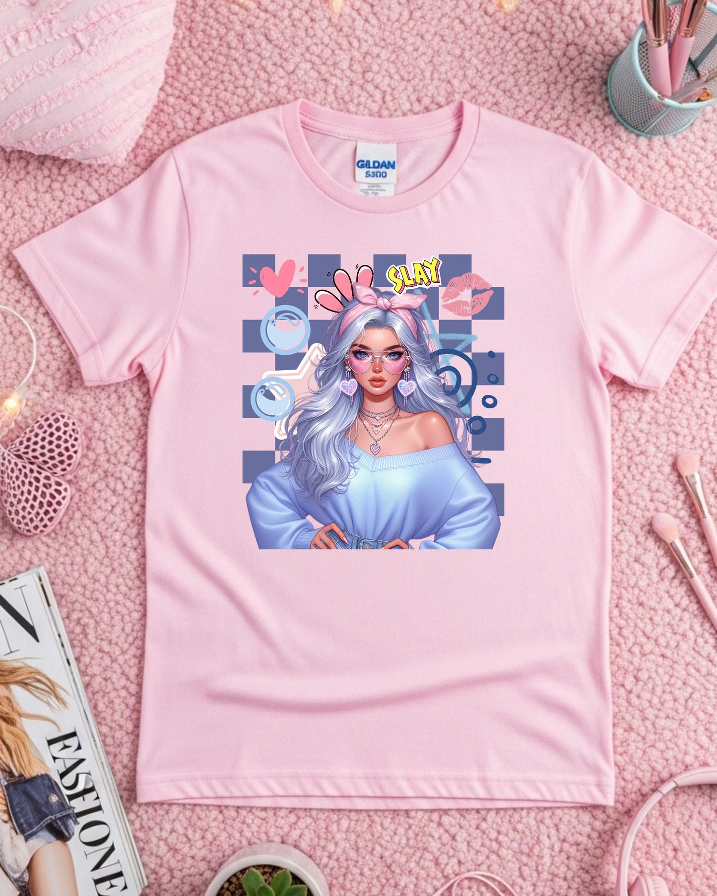 Kawaii Pastel Girl T‑Shirt • Soft Girl Aesthetic Tee • Gen Z Silver Hair Graphic • Cute Anime‑Inspired Top • Pop Art “Slay” Aesthetic Shirt