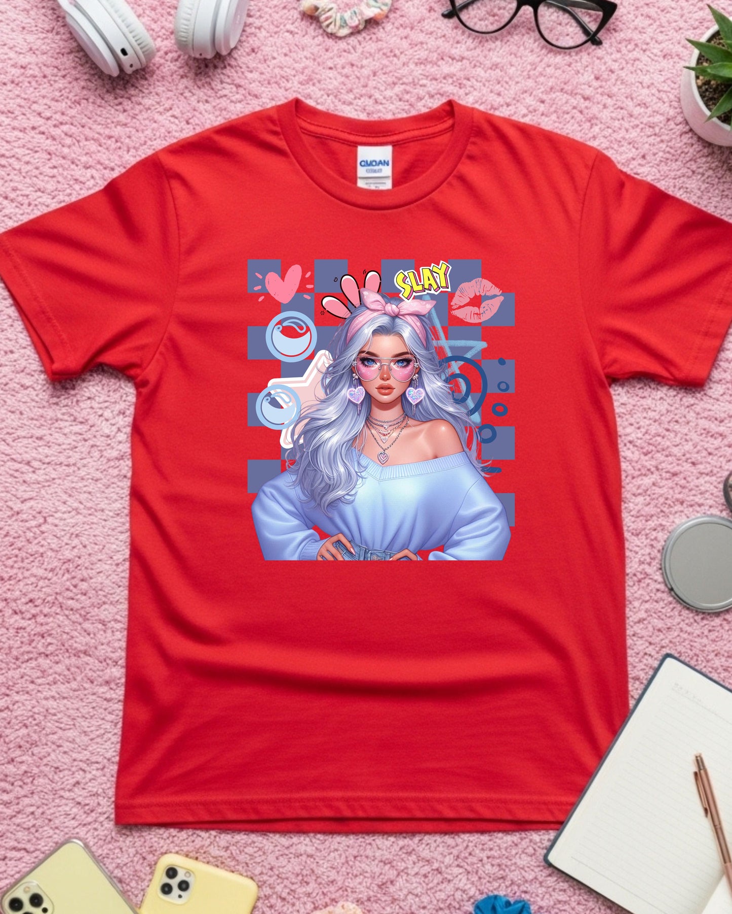 Kawaii Pastel Girl T‑Shirt • Soft Girl Aesthetic Tee • Gen Z Silver Hair Graphic • Cute Anime‑Inspired Top • Pop Art “Slay” Aesthetic Shirt