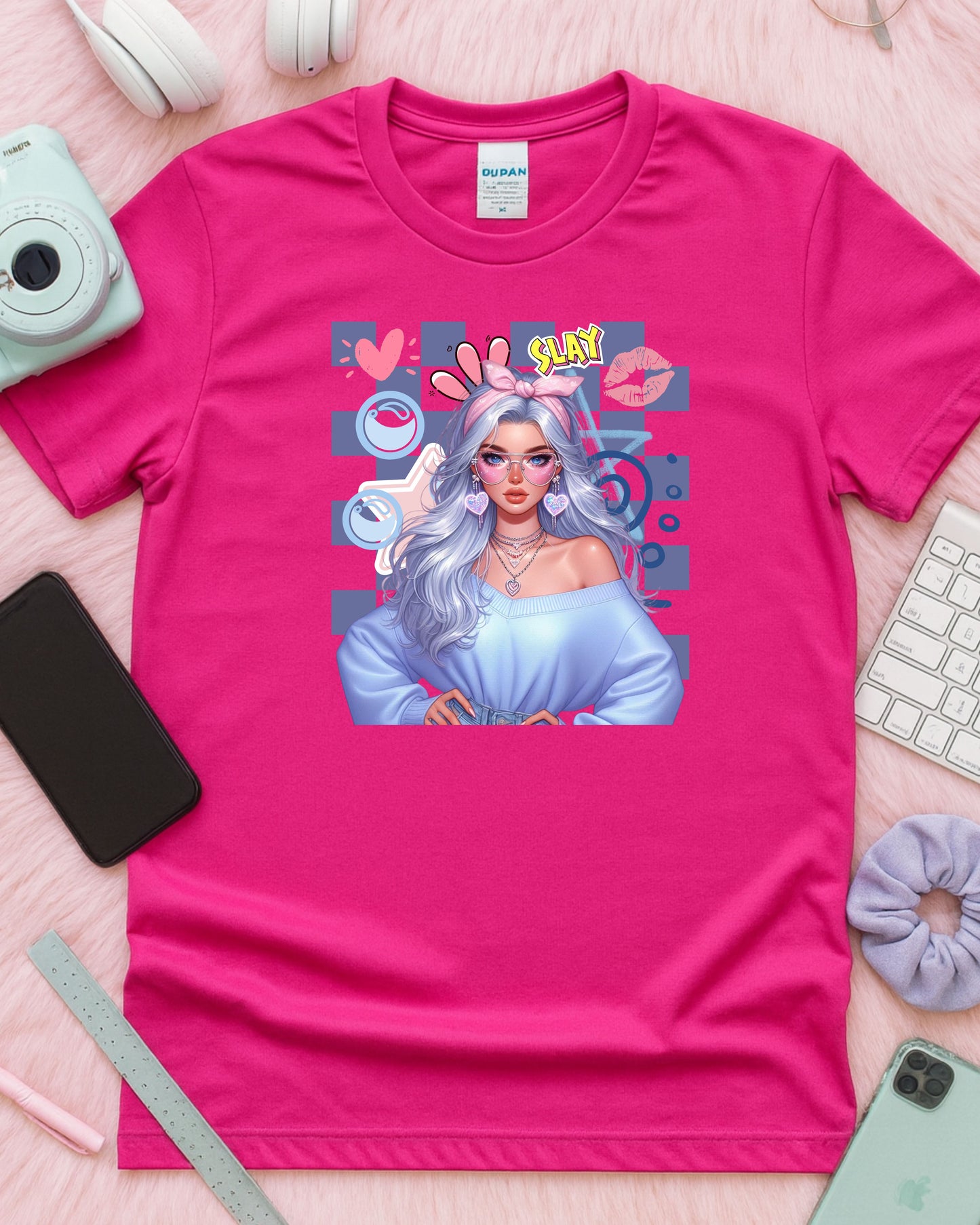 Kawaii Pastel Girl T‑Shirt • Soft Girl Aesthetic Tee • Gen Z Silver Hair Graphic • Cute Anime‑Inspired Top • Pop Art “Slay” Aesthetic Shirt