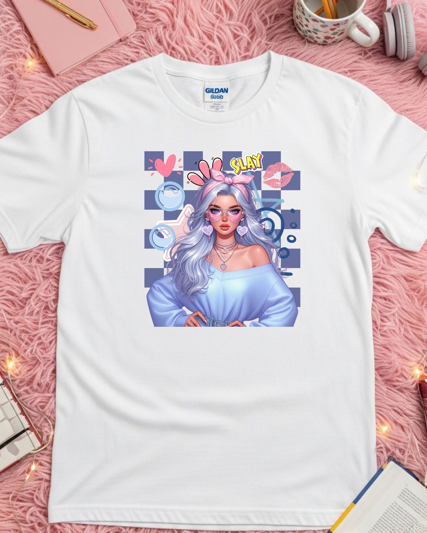Kawaii Pastel Girl T‑Shirt • Soft Girl Aesthetic Tee • Gen Z Silver Hair Graphic • Cute Anime‑Inspired Top • Pop Art “Slay” Aesthetic Shirt