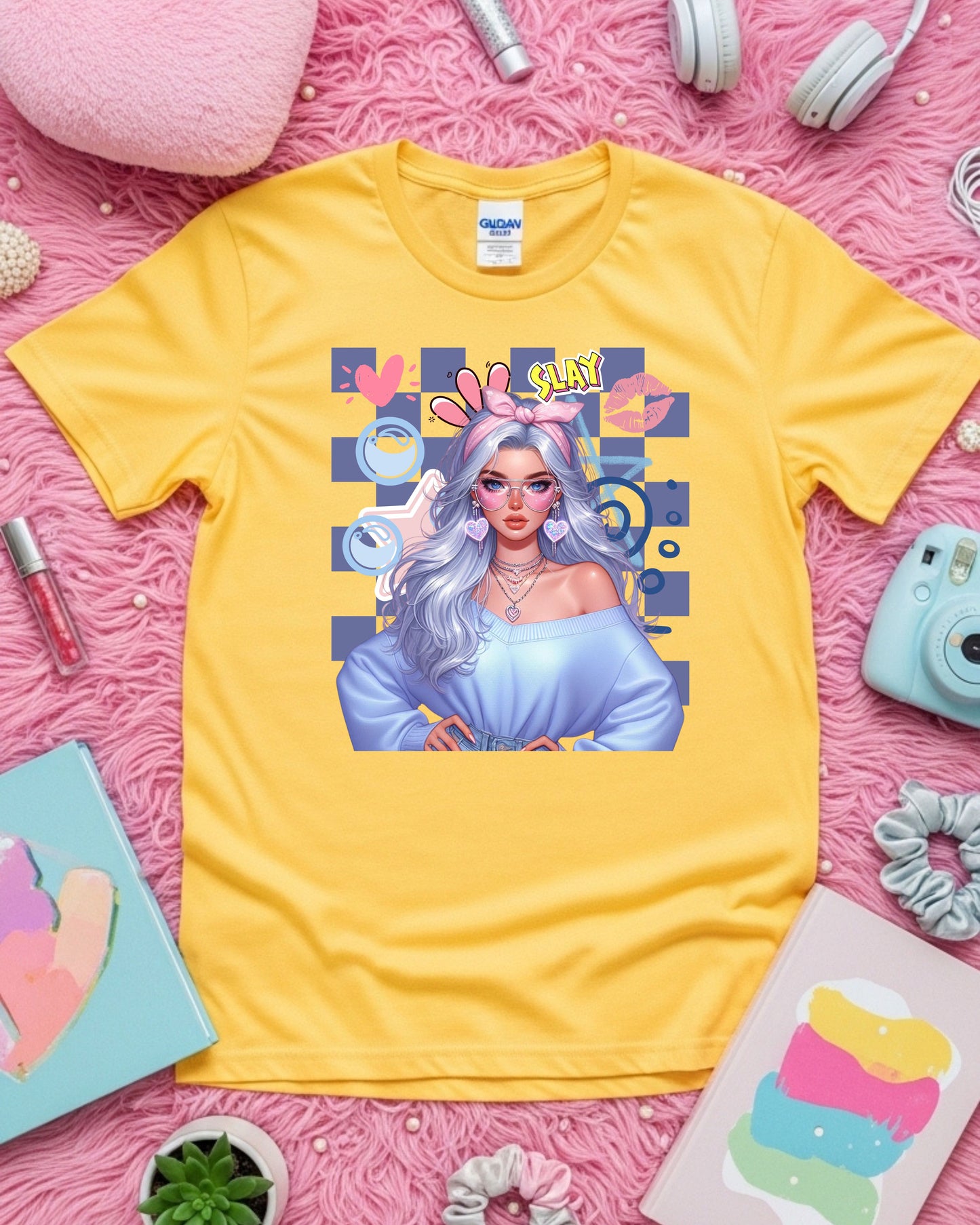 Kawaii Pastel Girl T‑Shirt • Soft Girl Aesthetic Tee • Gen Z Silver Hair Graphic • Cute Anime‑Inspired Top • Pop Art “Slay” Aesthetic Shirt