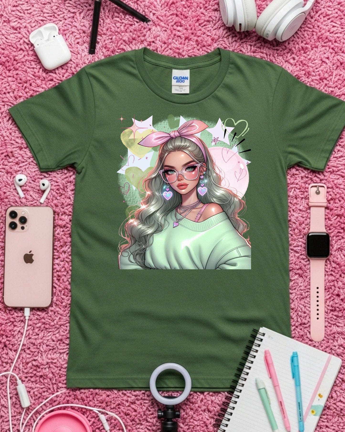 Kawaii Pastel Girl T‑Shirt • Soft Girl Aesthetic Tee • Gen Z Mint Green Graphic • Cute Anime‑Inspired Top • Whimsical Pastel Aesthetic Shirt