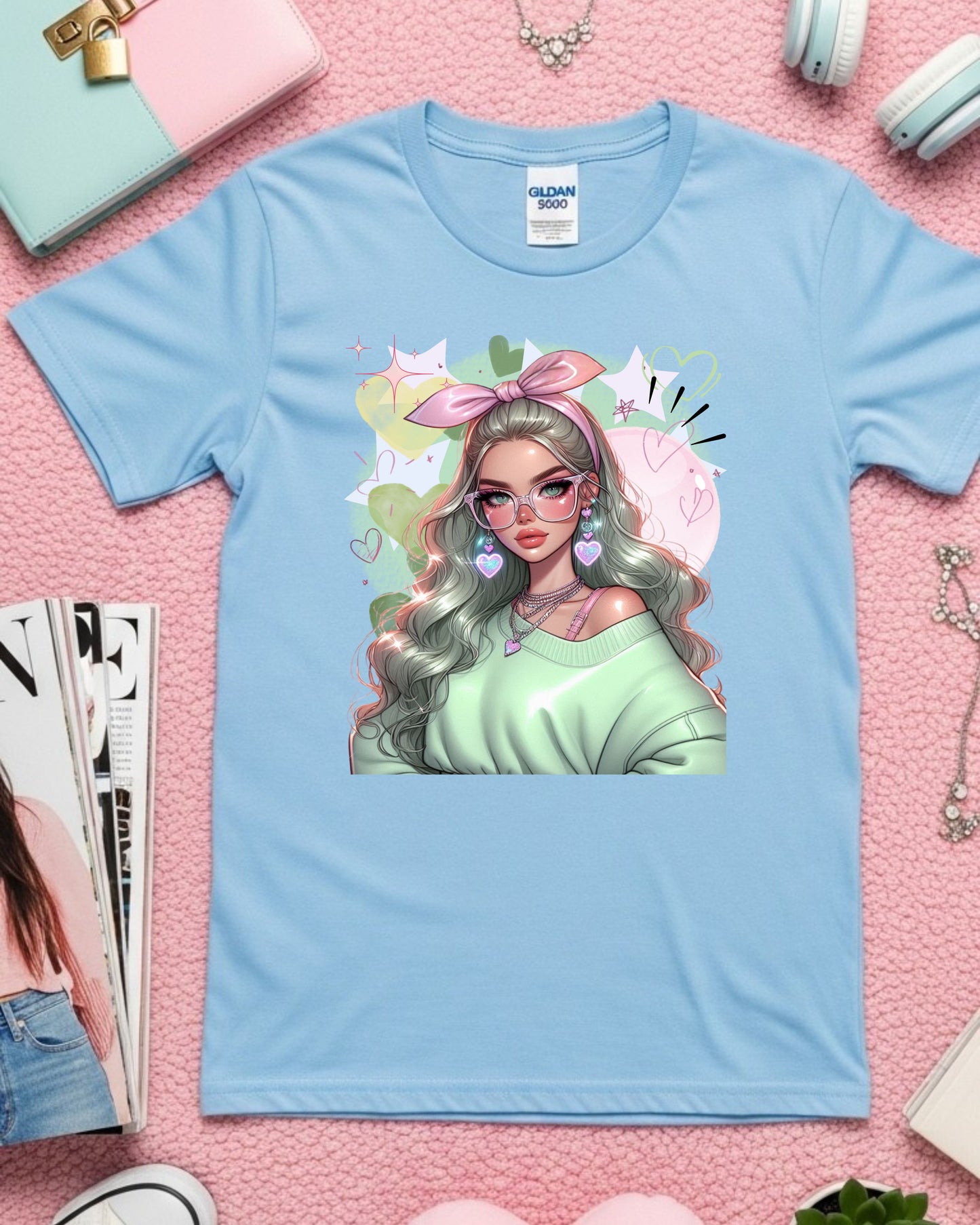 Kawaii Pastel Girl T‑Shirt • Soft Girl Aesthetic Tee • Gen Z Mint Green Graphic • Cute Anime‑Inspired Top • Whimsical Pastel Aesthetic Shirt