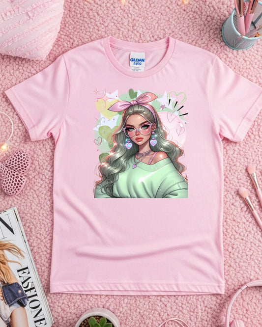 Kawaii Pastel Girl T‑Shirt • Soft Girl Aesthetic Tee • Gen Z Mint Green Graphic • Cute Anime‑Inspired Top • Whimsical Pastel Aesthetic Shirt