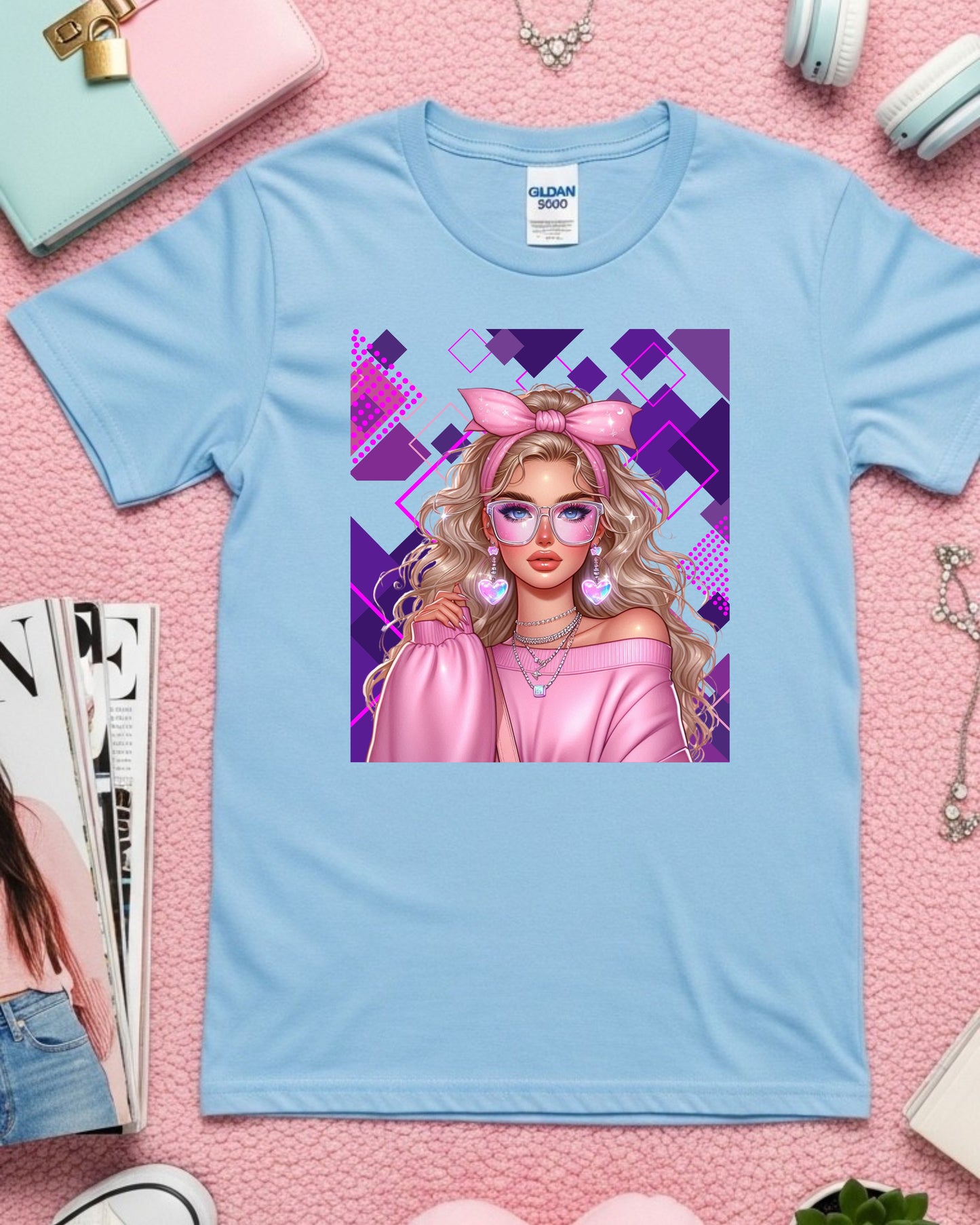 Kawaii Pastel Girl T‑Shirt Soft Girl Aesthetic Gen Z Blonde Hair Graphic Cute Anime‑Inspired Top