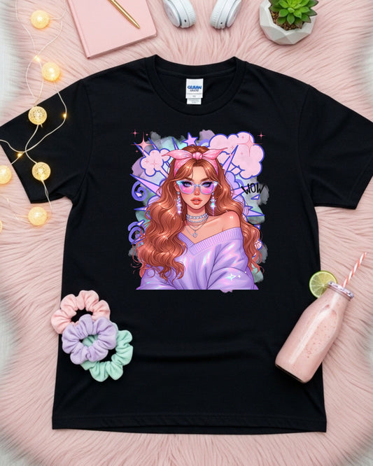 Kawaii Pastel Girl T‑Shirt • Soft Girl Aesthetic Tee • Gen Z Auburn Hair Graphic • Cute Anime‑Inspired Top