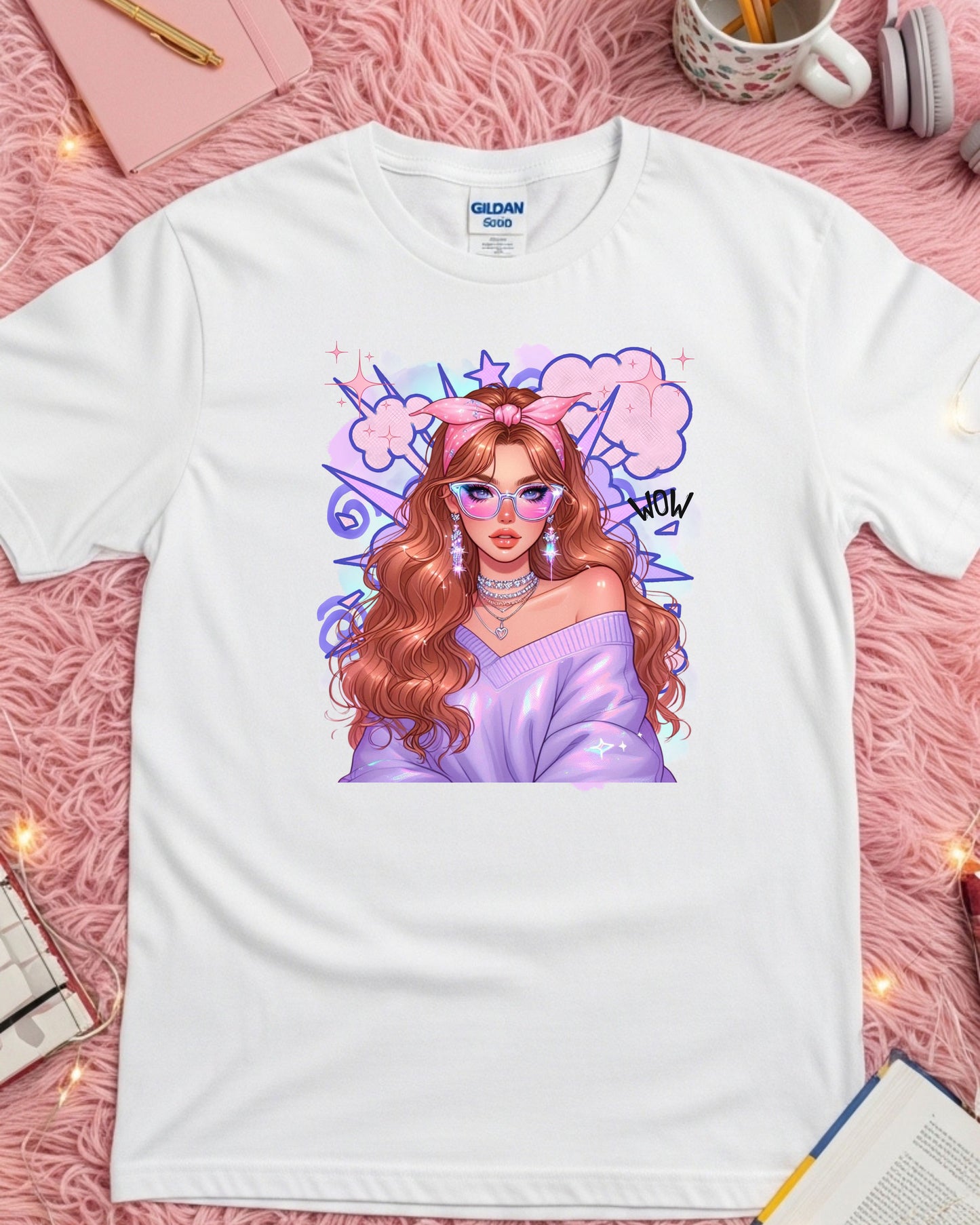 Kawaii Pastel Girl T‑Shirt • Soft Girl Aesthetic Tee • Gen Z Auburn Hair Graphic • Cute Anime‑Inspired Top