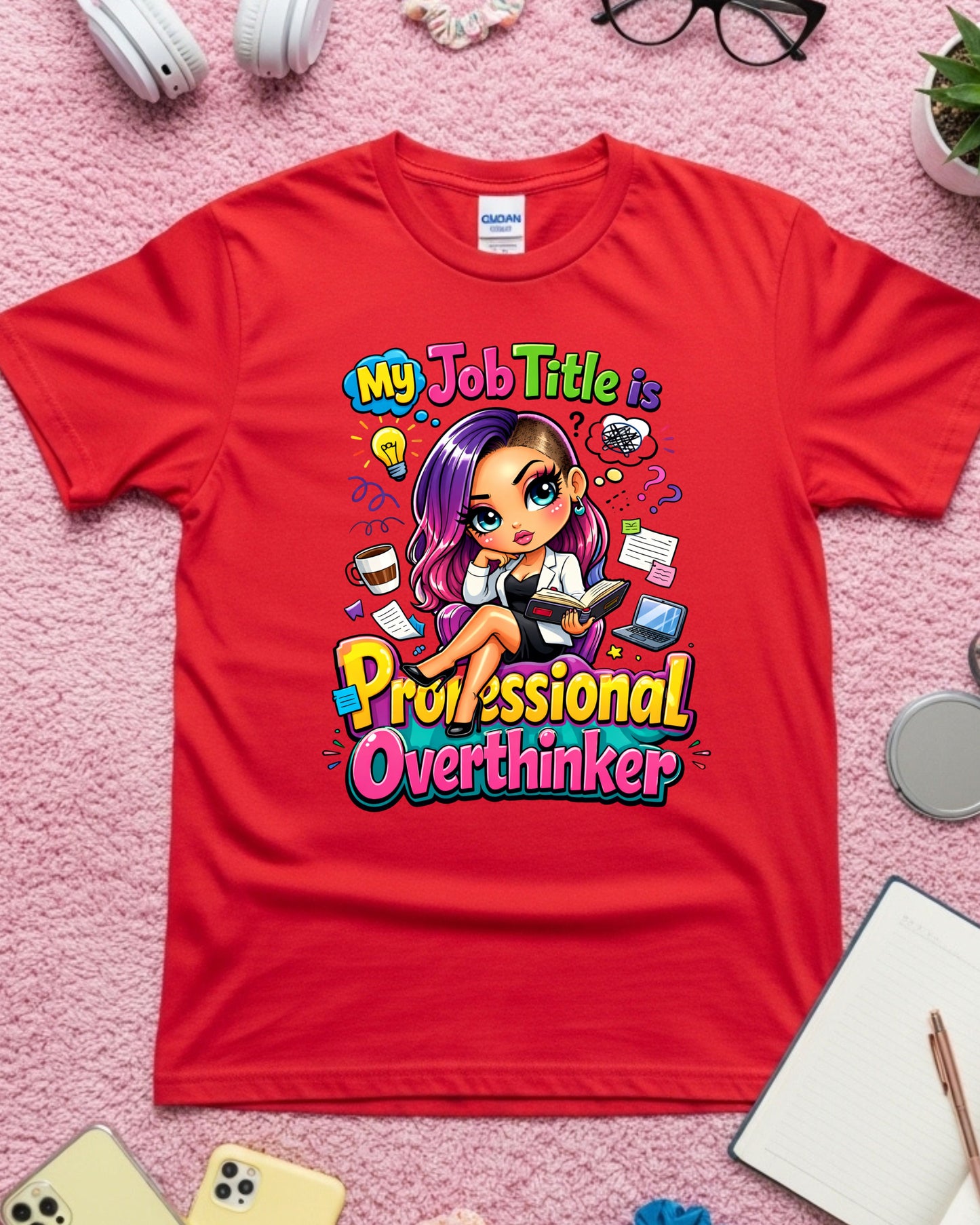 Professional Overthinker Shirt Funny Cartoon Girl Graphic Tee Mental Health Humour Work Stress Gift