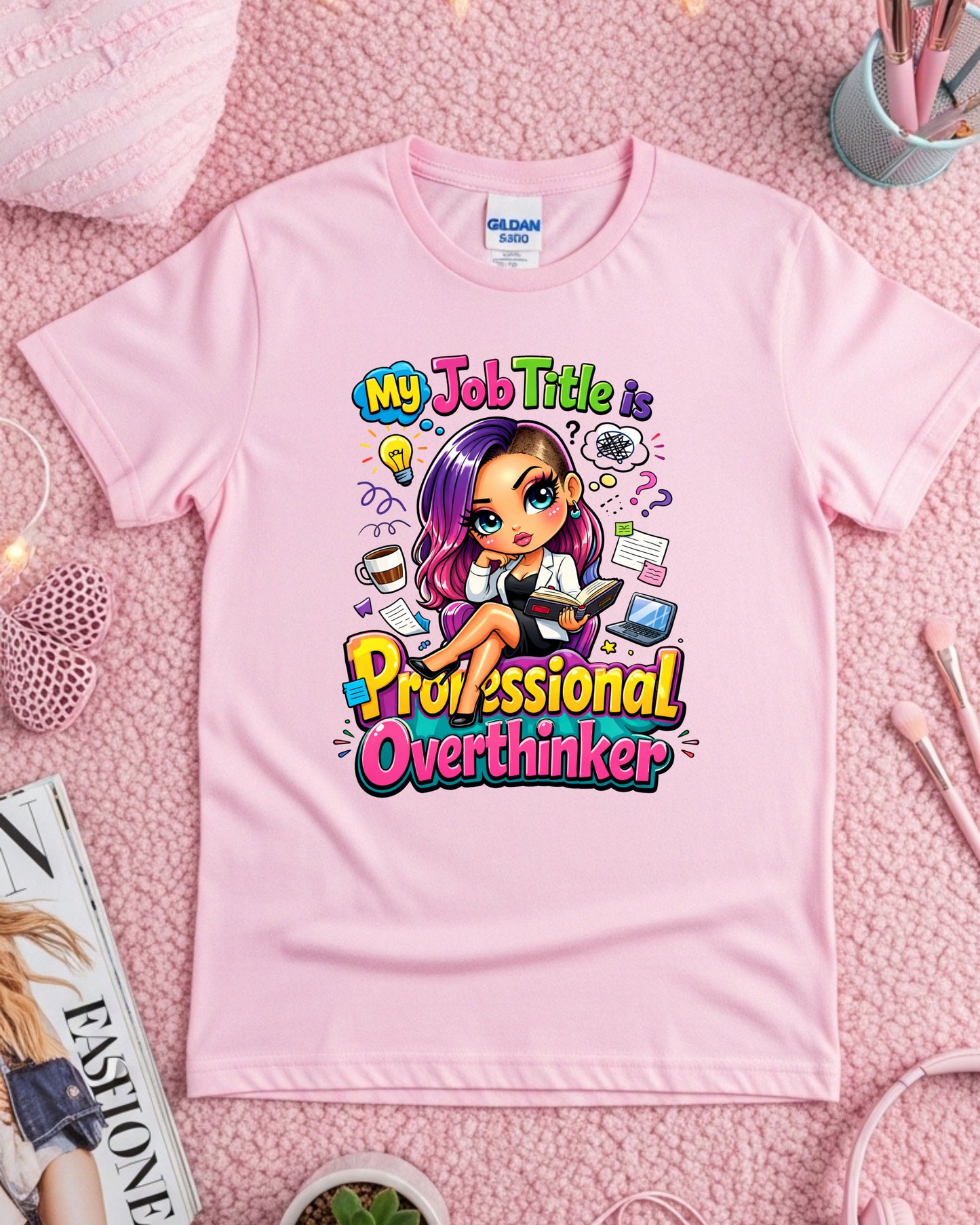 Professional Overthinker Shirt Funny Cartoon Girl Graphic Tee Mental Health Humour Work Stress Gift