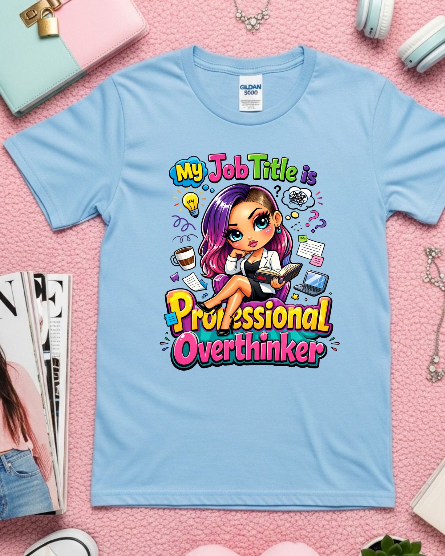 Professional Overthinker Shirt Funny Cartoon Girl Graphic Tee Mental Health Humour Work Stress Gift