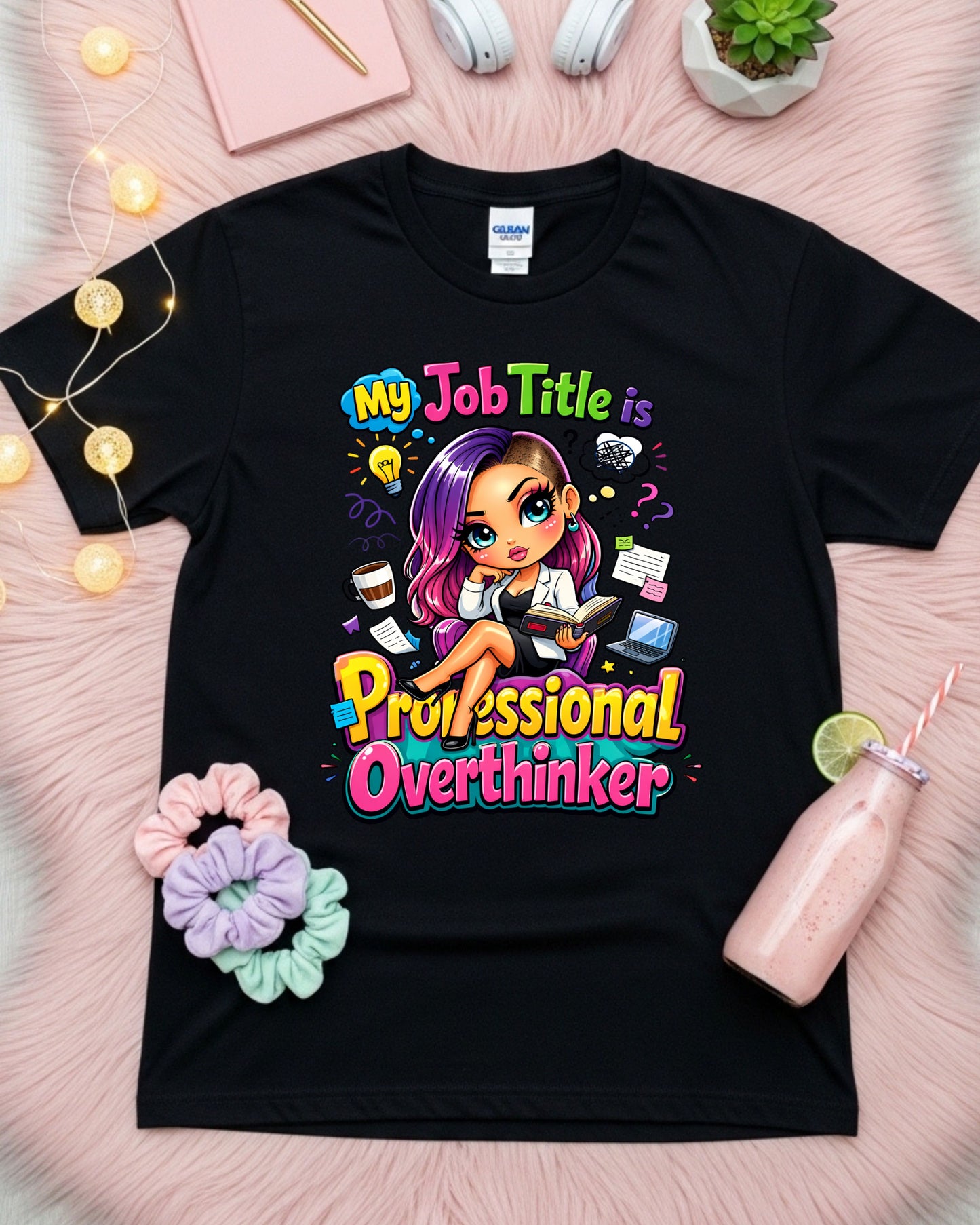 Professional Overthinker Shirt Funny Cartoon Girl Graphic Tee Mental Health Humour Work Stress Gift