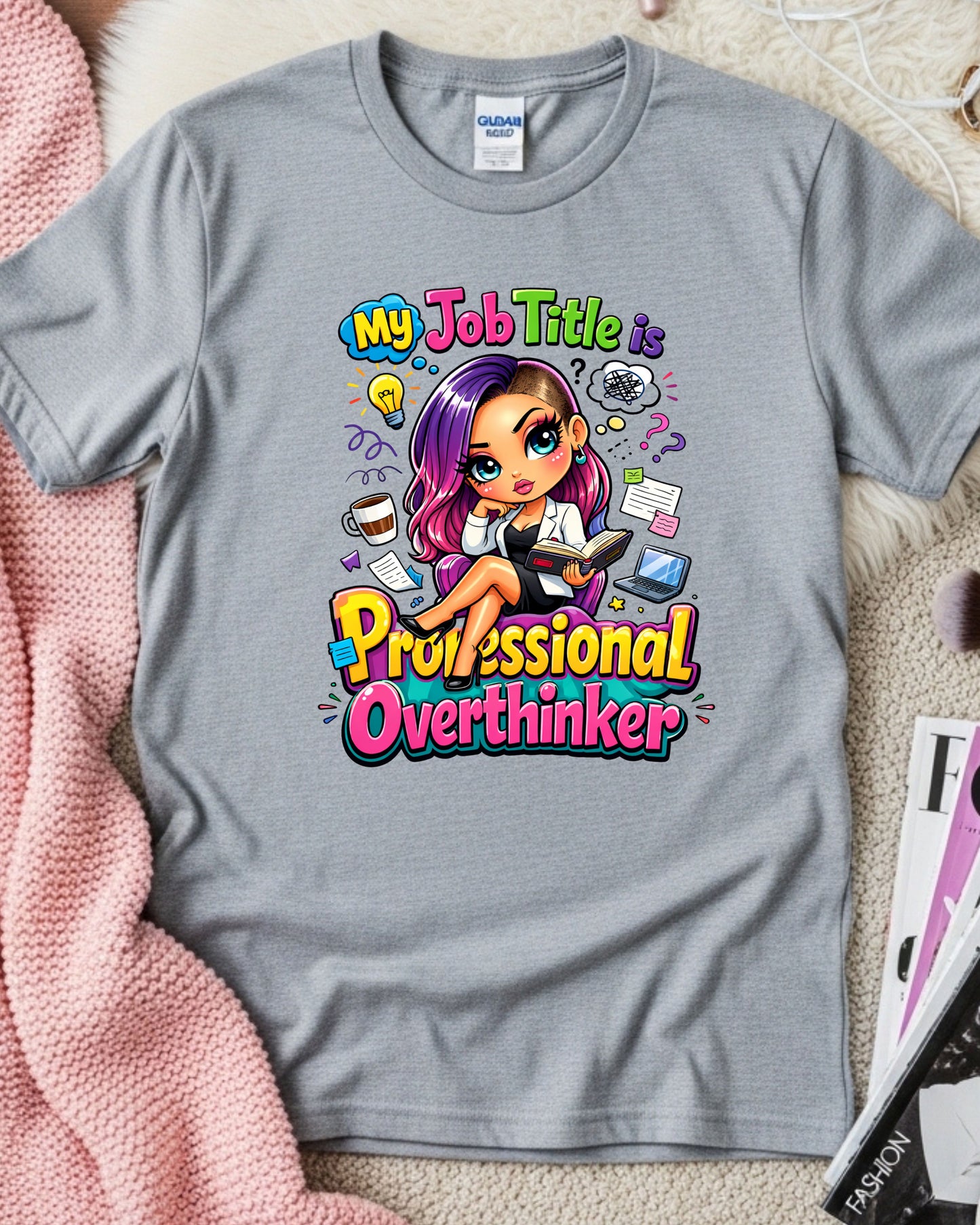 Professional Overthinker Shirt Funny Cartoon Girl Graphic Tee Mental Health Humour Work Stress Gift