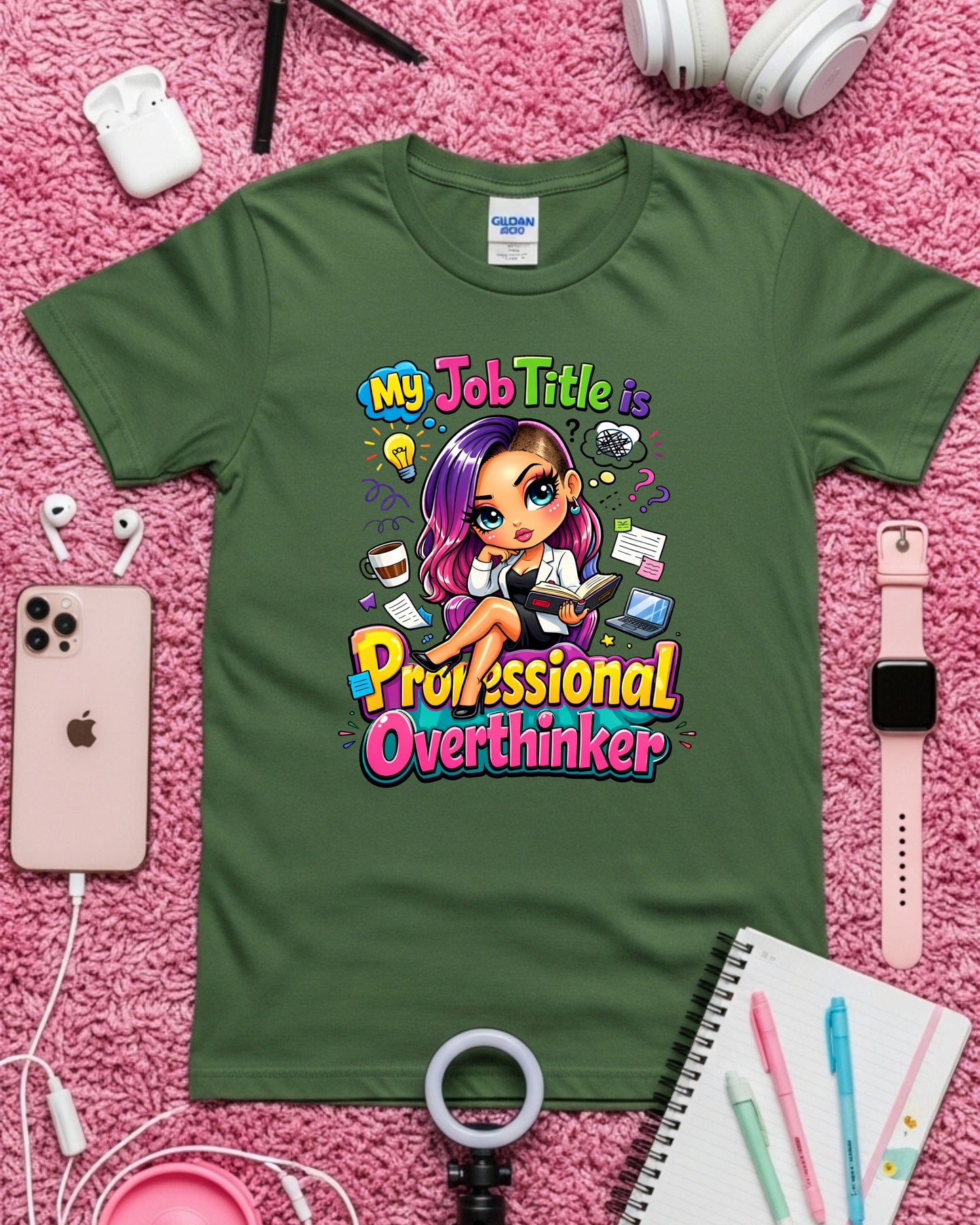 Professional Overthinker Shirt Funny Cartoon Girl Graphic Tee Mental Health Humour Work Stress Gift