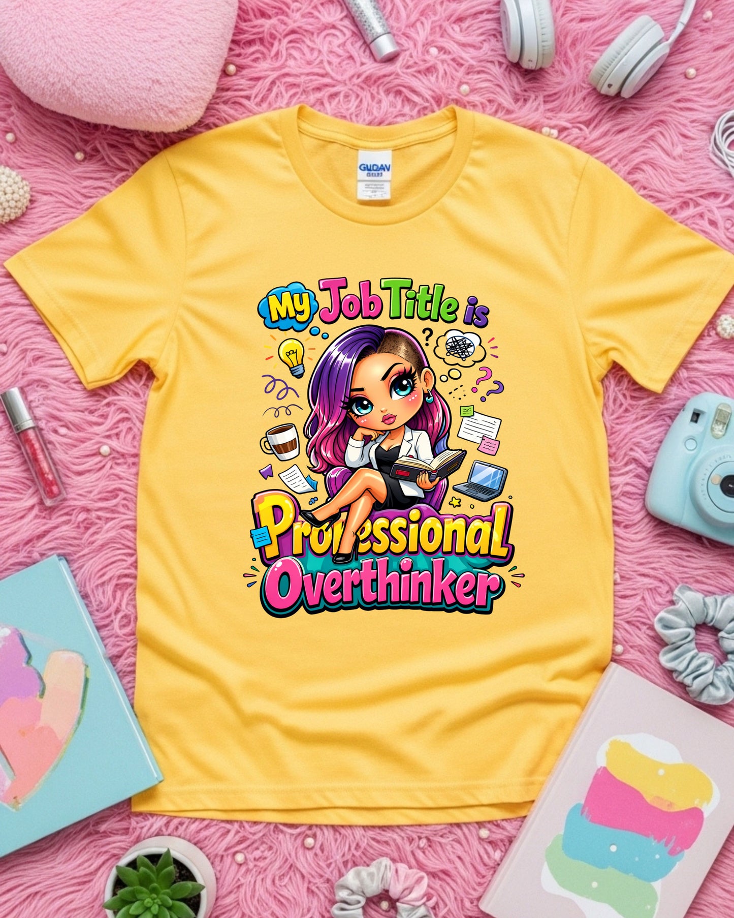 Professional Overthinker Shirt Funny Cartoon Girl Graphic Tee Mental Health Humour Work Stress Gift