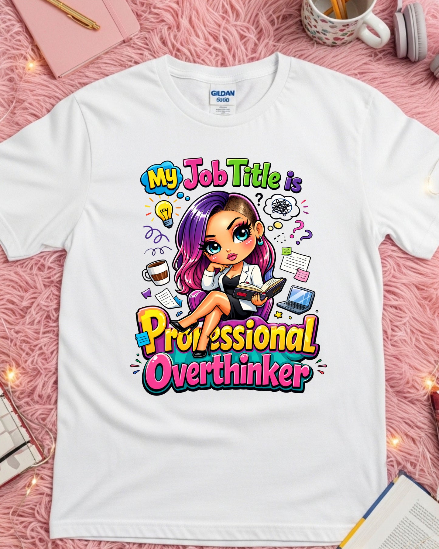 Professional Overthinker Shirt Funny Cartoon Girl Graphic Tee Mental Health Humour Work Stress Gift