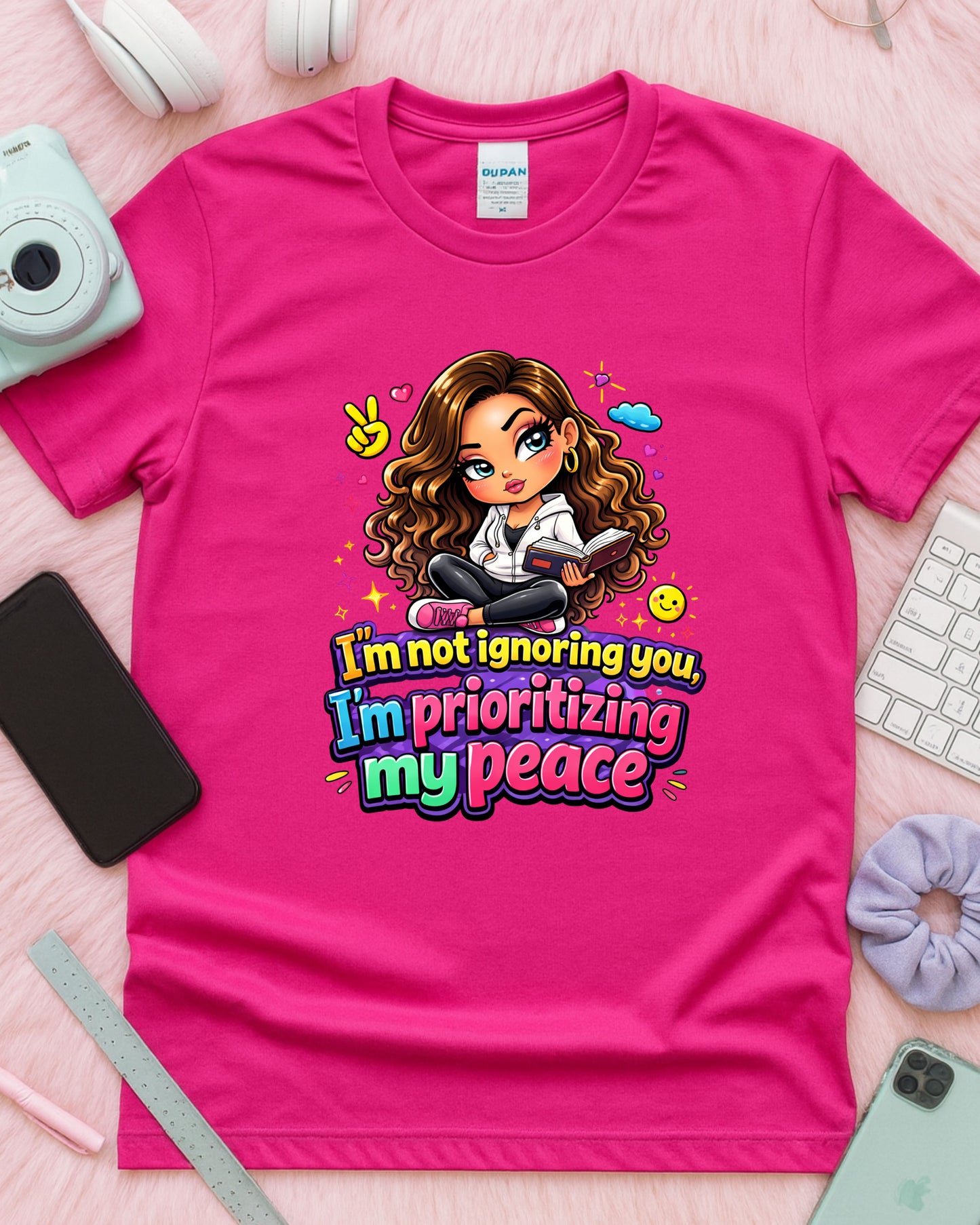Prioritizing My Peace Shirt • Self Care Graphic Tee • Cute Cartoon Girl T‑Shirt • Mental Health Awareness Top