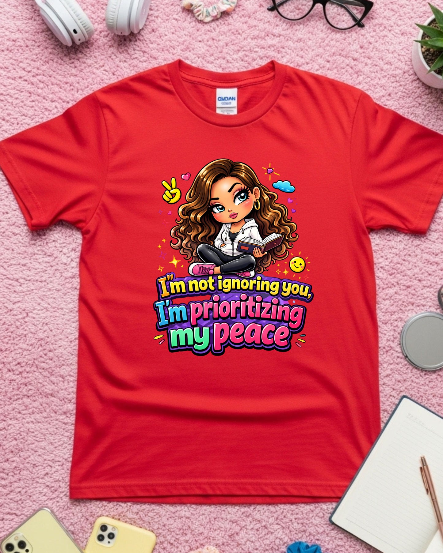 Prioritizing My Peace Shirt • Self Care Graphic Tee • Cute Cartoon Girl T‑Shirt • Mental Health Awareness Top