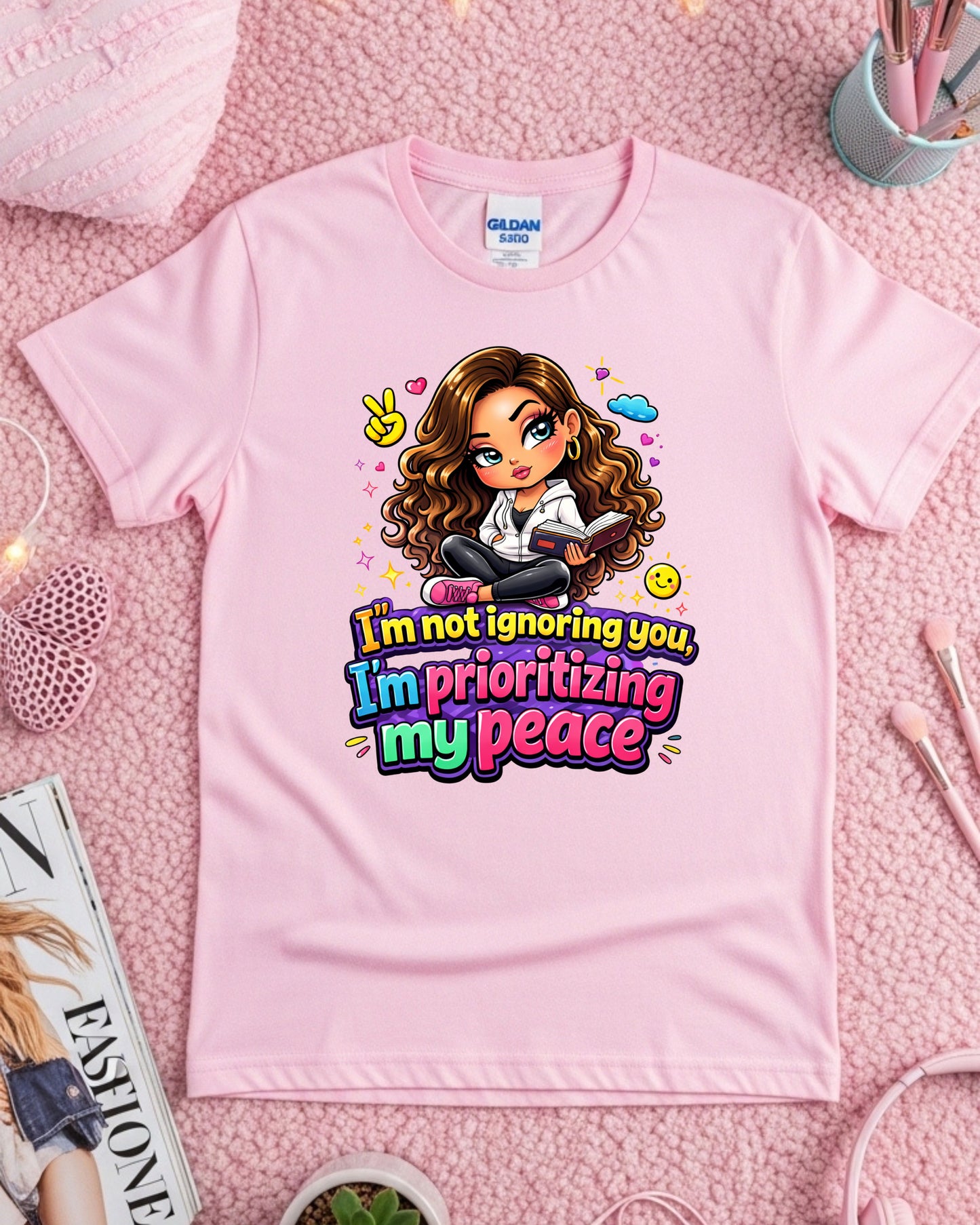 Prioritizing My Peace Shirt • Self Care Graphic Tee • Cute Cartoon Girl T‑Shirt • Mental Health Awareness Top