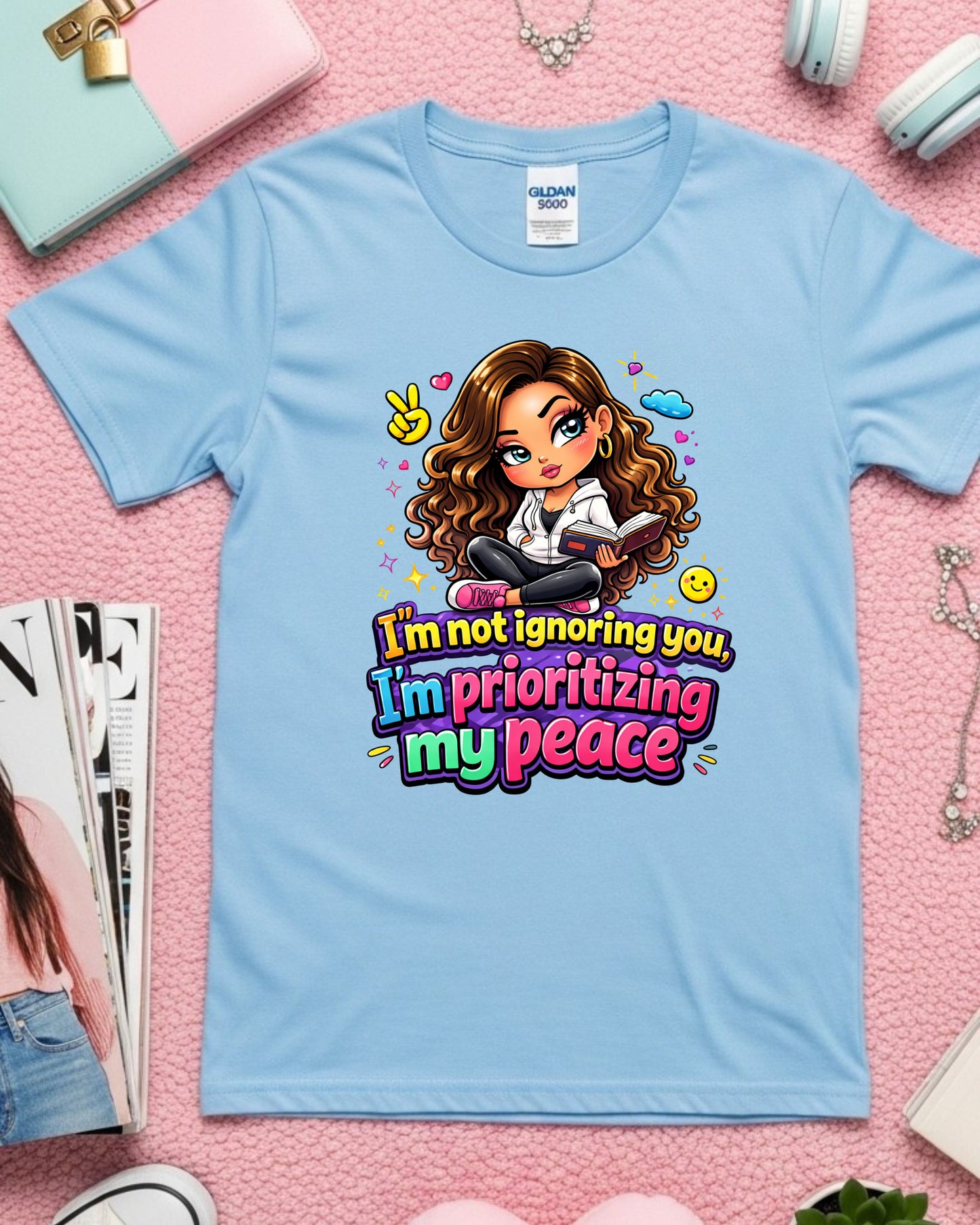 Prioritizing My Peace Shirt • Self Care Graphic Tee • Cute Cartoon Girl T‑Shirt • Mental Health Awareness Top