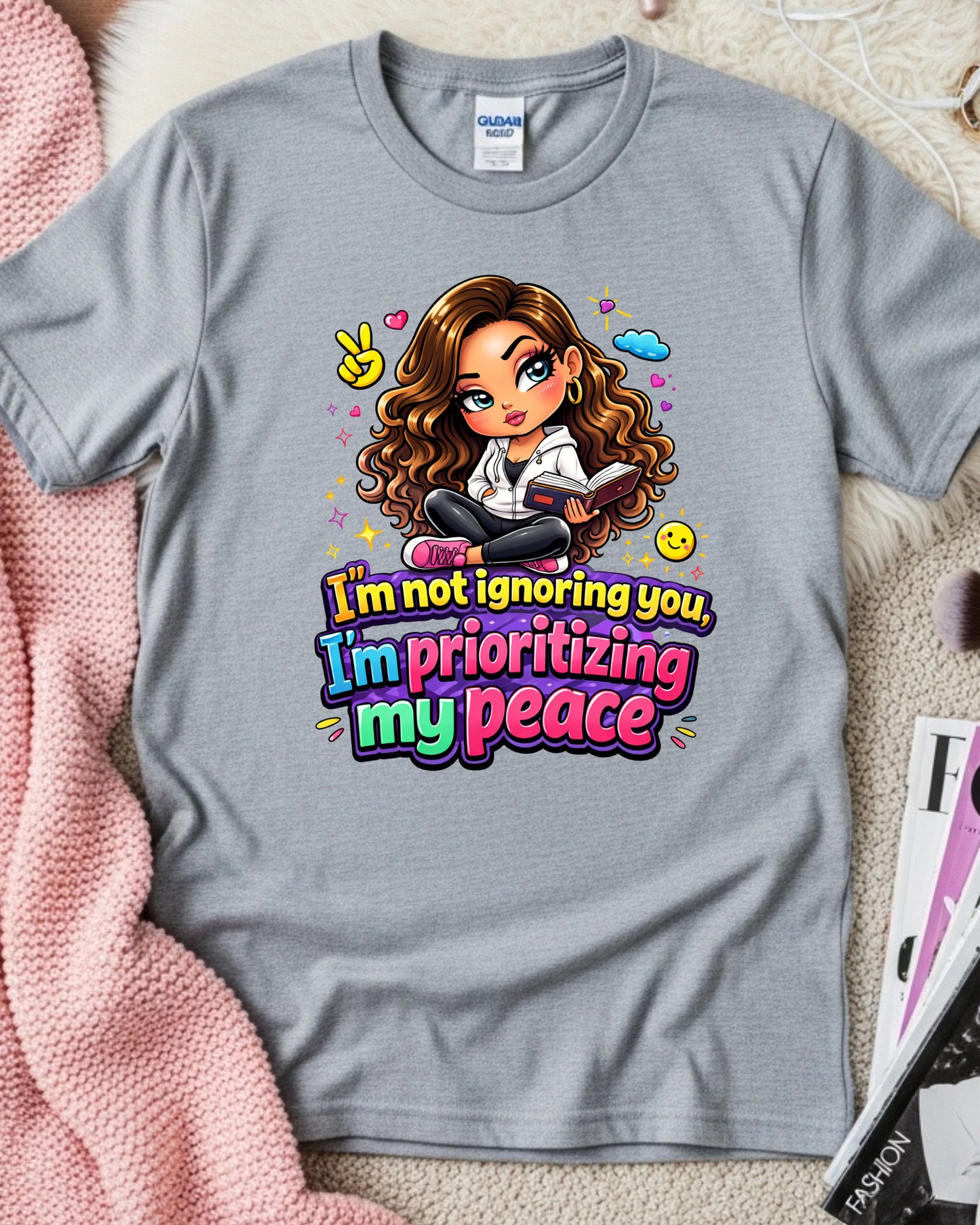 Prioritizing My Peace Shirt • Self Care Graphic Tee • Cute Cartoon Girl T‑Shirt • Mental Health Awareness Top