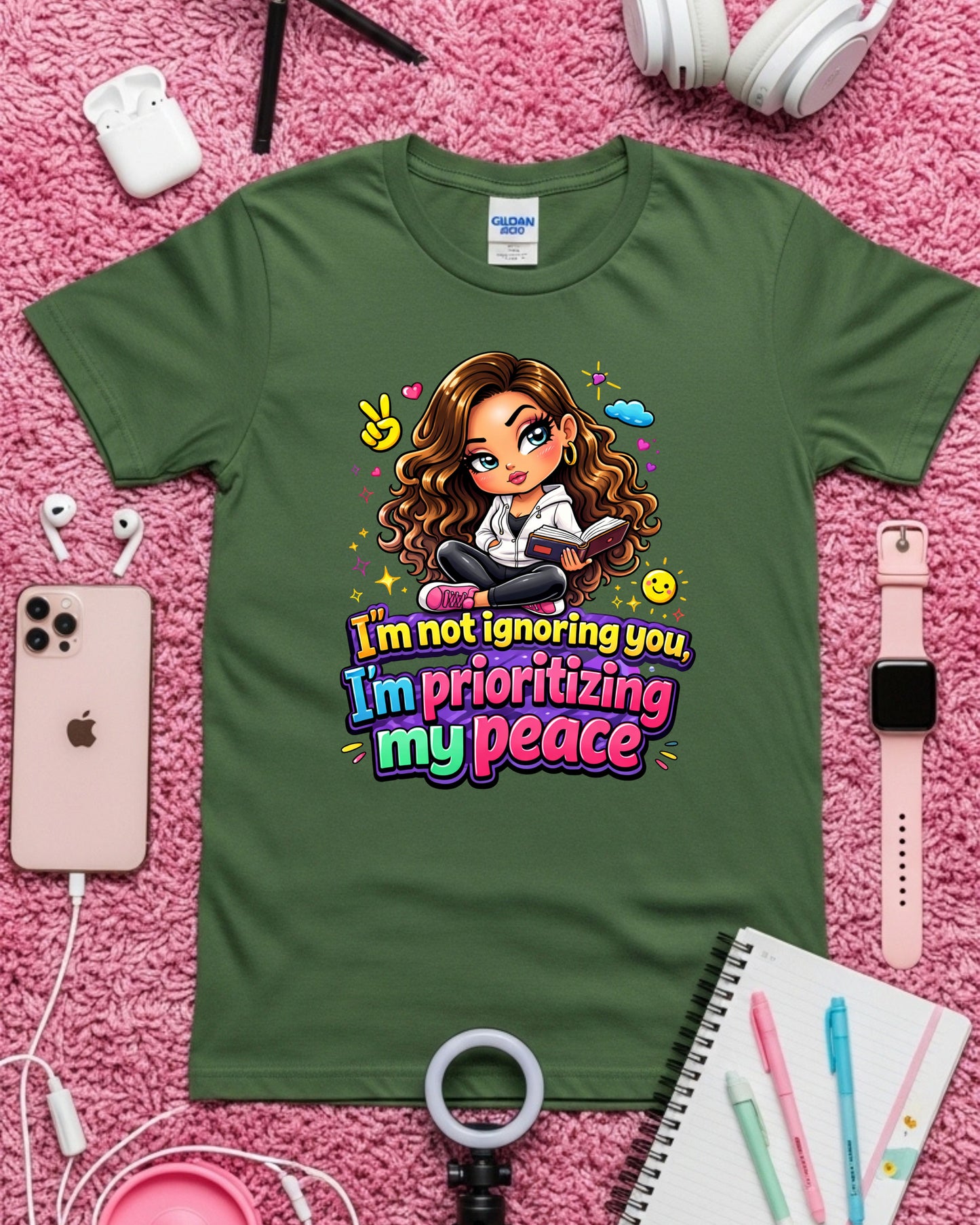 Prioritizing My Peace Shirt • Self Care Graphic Tee • Cute Cartoon Girl T‑Shirt • Mental Health Awareness Top