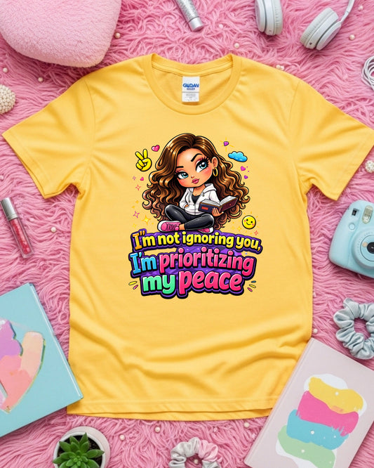 Prioritizing My Peace Shirt • Self Care Graphic Tee • Cute Cartoon Girl T‑Shirt • Mental Health Awareness Top