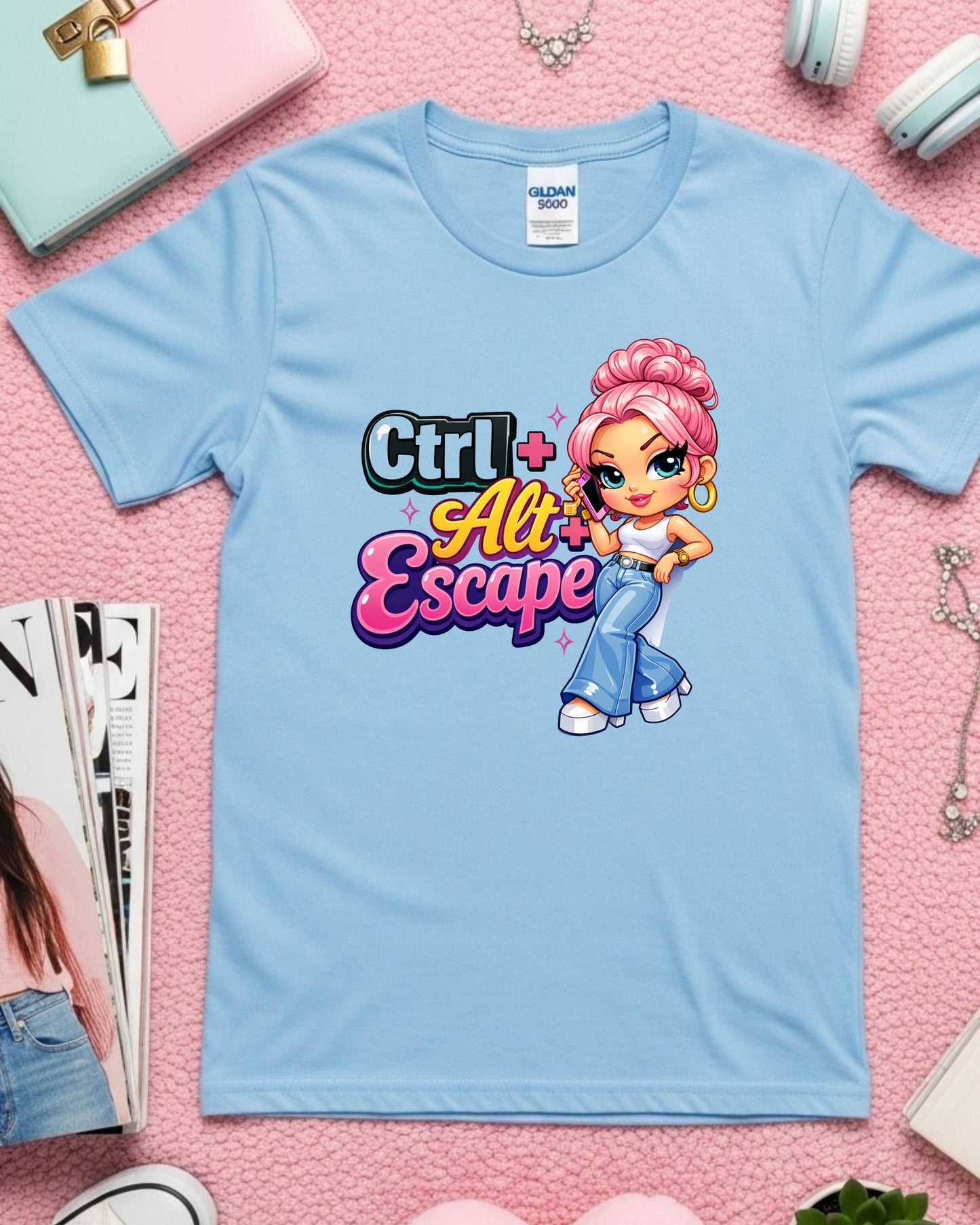 Ctrl Alt Escape Shirt Funny Tech Humour Tee Cute Cartoon Girl Graphic T‑Shirt Aesthetic Y2K Style Top