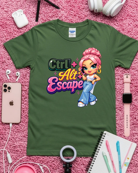 Ctrl Alt Escape Shirt Funny Tech Humour Tee Cute Cartoon Girl Graphic T‑Shirt Aesthetic Y2K Style Top