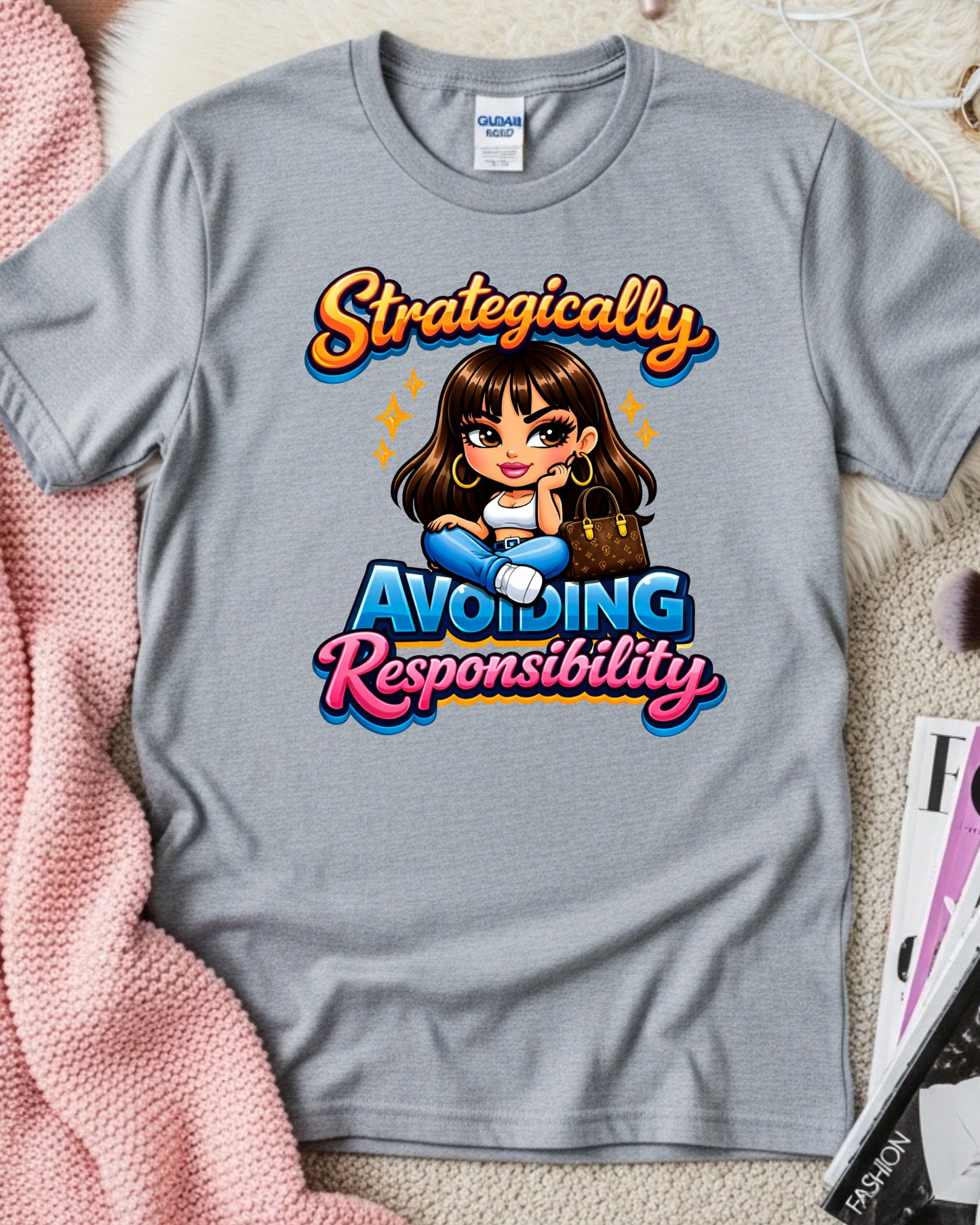 Avoiding Responsibility Shirt Funny Lazy Girl Tee Cute Cartoon Graphic T‑Shirt Sassy Aesthetic Top  Relatable Humour Gift for Women