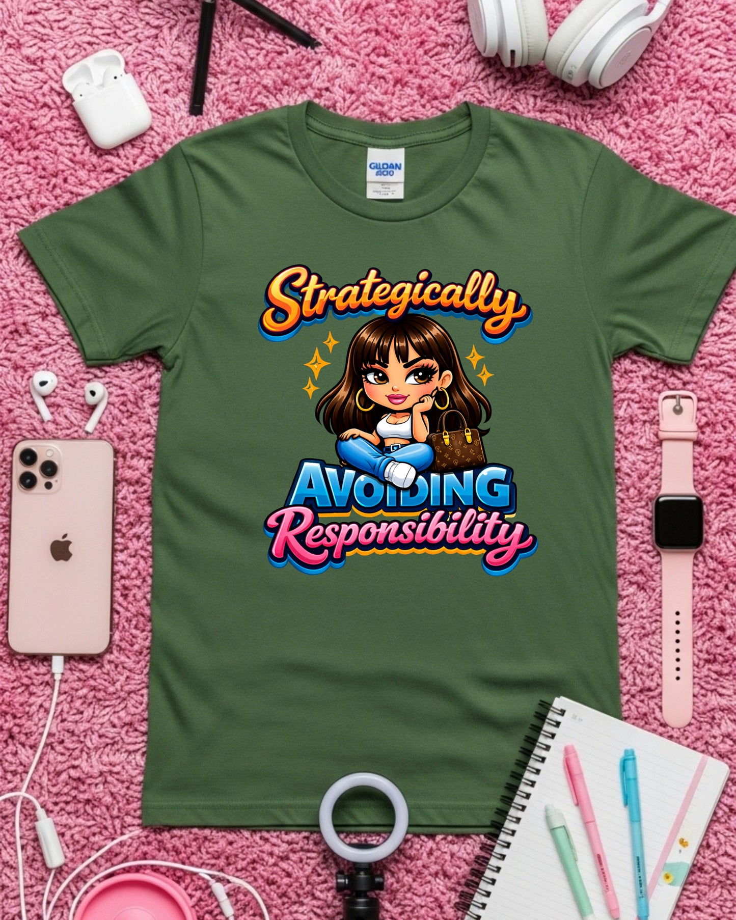 Avoiding Responsibility Shirt Funny Lazy Girl Tee Cute Cartoon Graphic T‑Shirt Sassy Aesthetic Top  Relatable Humour Gift for Women