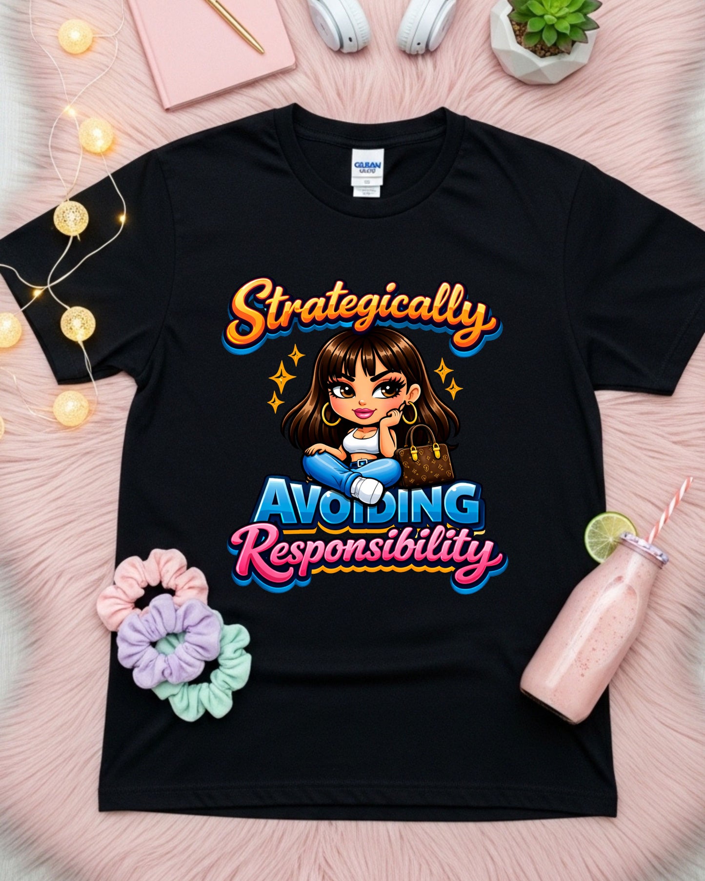 Avoiding Responsibility Shirt Funny Lazy Girl Tee Cute Cartoon Graphic T‑Shirt Sassy Aesthetic Top  Relatable Humour Gift for Women