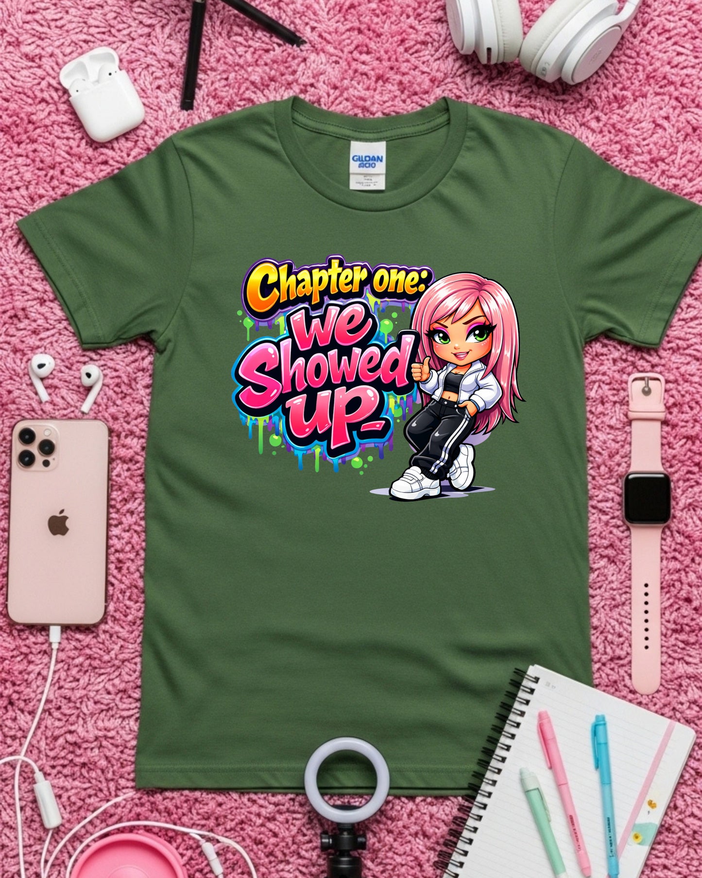 Chapter One We Showed Up Shirt Motivational Graphic Tee Cute Cartoon Girl T‑Shirt Graffiti Aesthetic Top