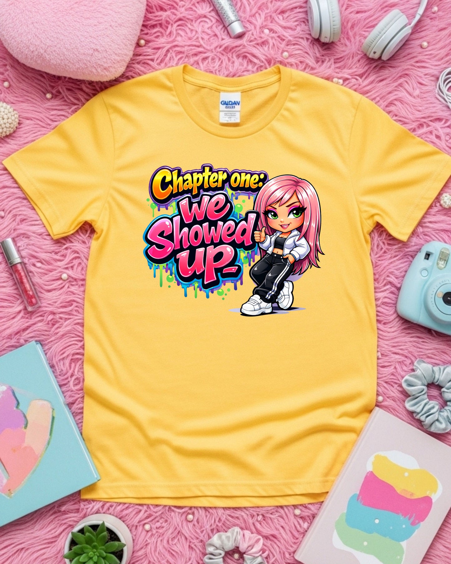 Chapter One We Showed Up Shirt Motivational Graphic Tee Cute Cartoon Girl T‑Shirt Graffiti Aesthetic Top