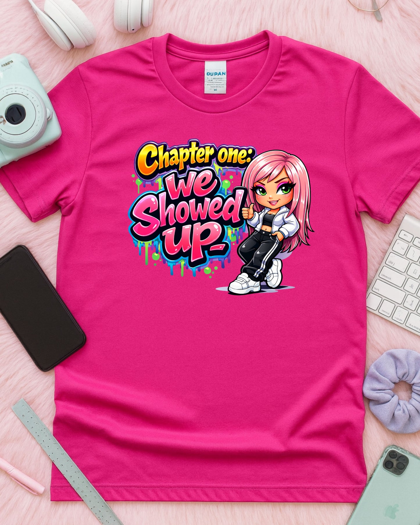 Chapter One We Showed Up Shirt Motivational Graphic Tee Cute Cartoon Girl T‑Shirt Graffiti Aesthetic Top