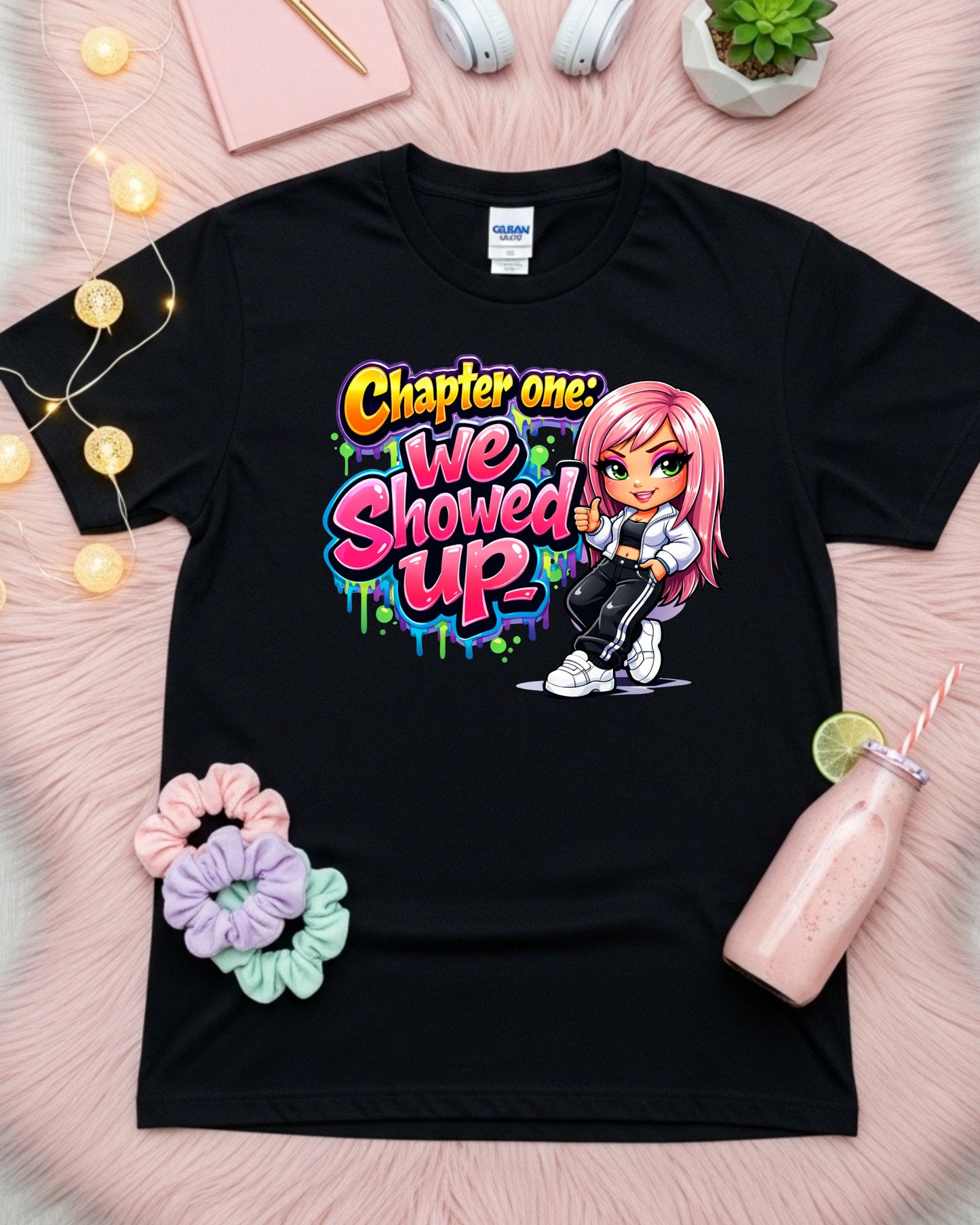 Chapter One We Showed Up Shirt Motivational Graphic Tee Cute Cartoon Girl T‑Shirt Graffiti Aesthetic Top