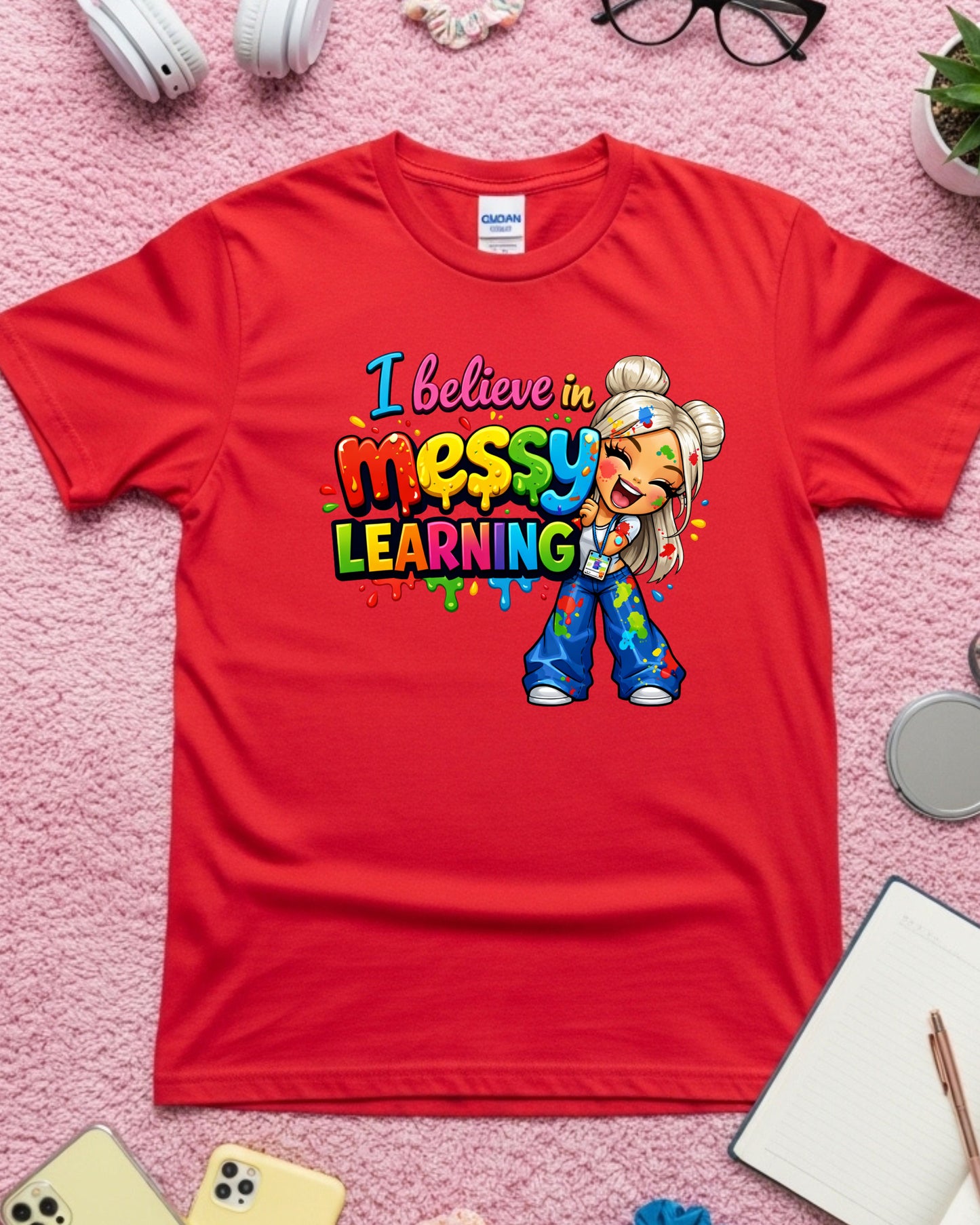 Messy Learning Shirt Colourful Teacher Tee Hands‑On Learning Graphic T‑Shirt Classroom Creativity Top