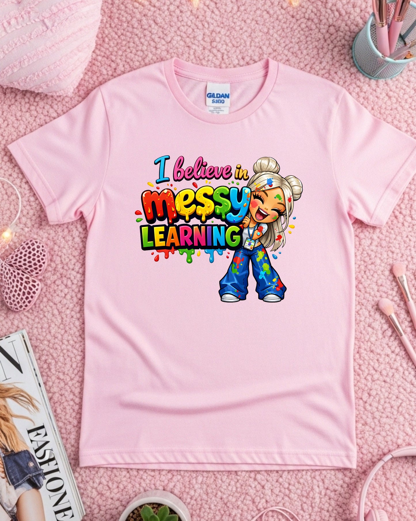 Messy Learning Shirt Colourful Teacher Tee Hands‑On Learning Graphic T‑Shirt Classroom Creativity Top