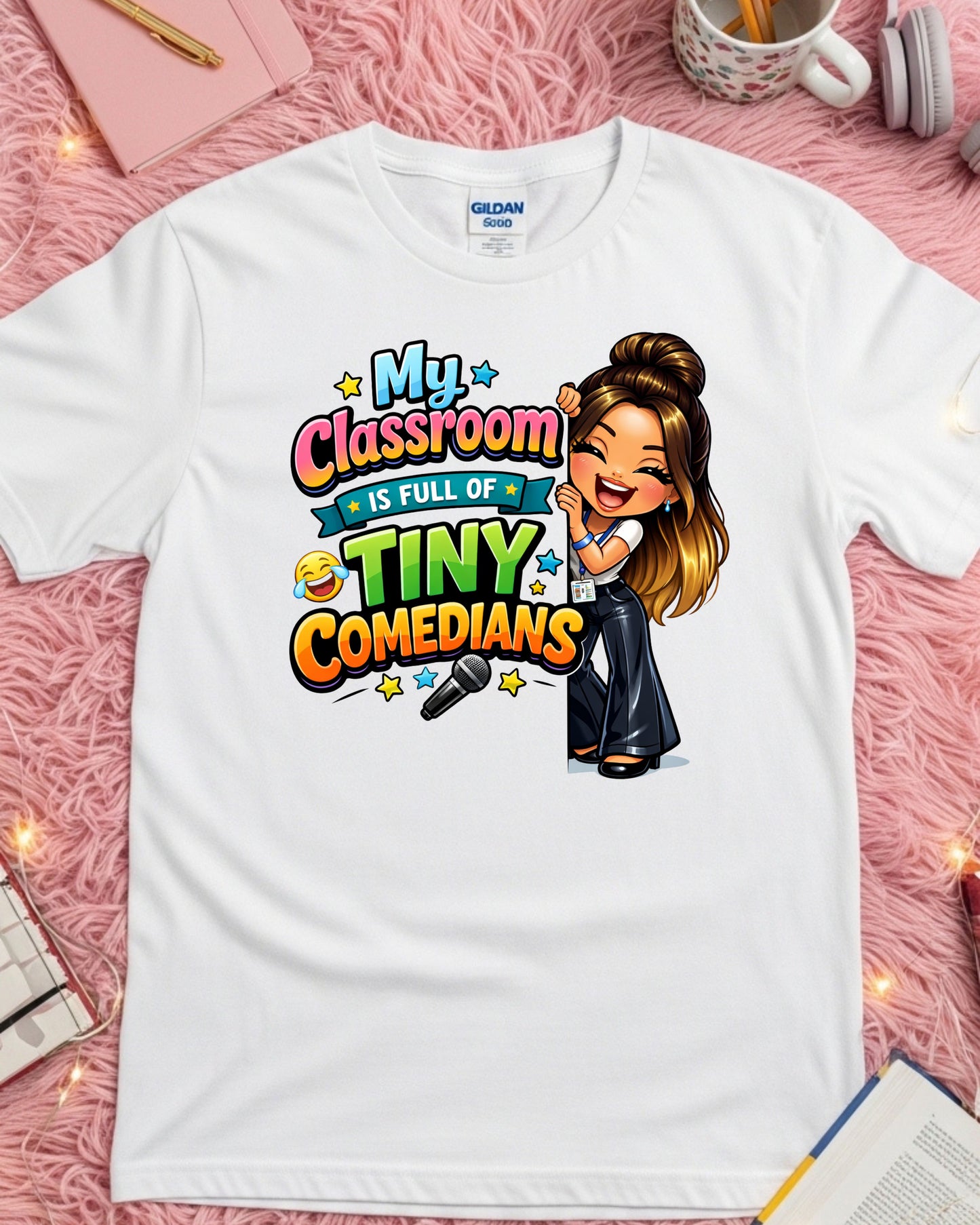 Tiny Comedians Teacher Shirt Funny Classroom Tee Cute Cartoon Teacher Graphic T‑Shirt Colourful School Humour Top