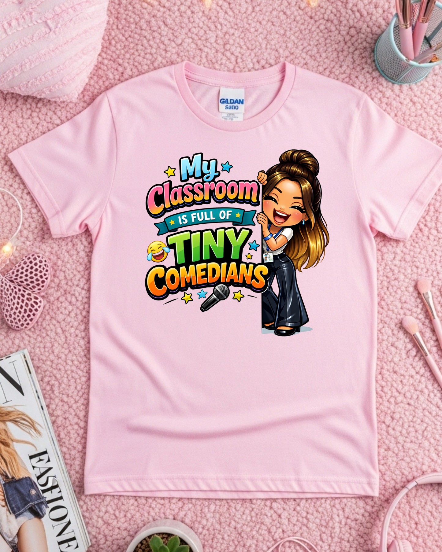 Tiny Comedians Teacher Shirt Funny Classroom Tee Cute Cartoon Teacher Graphic T‑Shirt Colourful School Humour Top