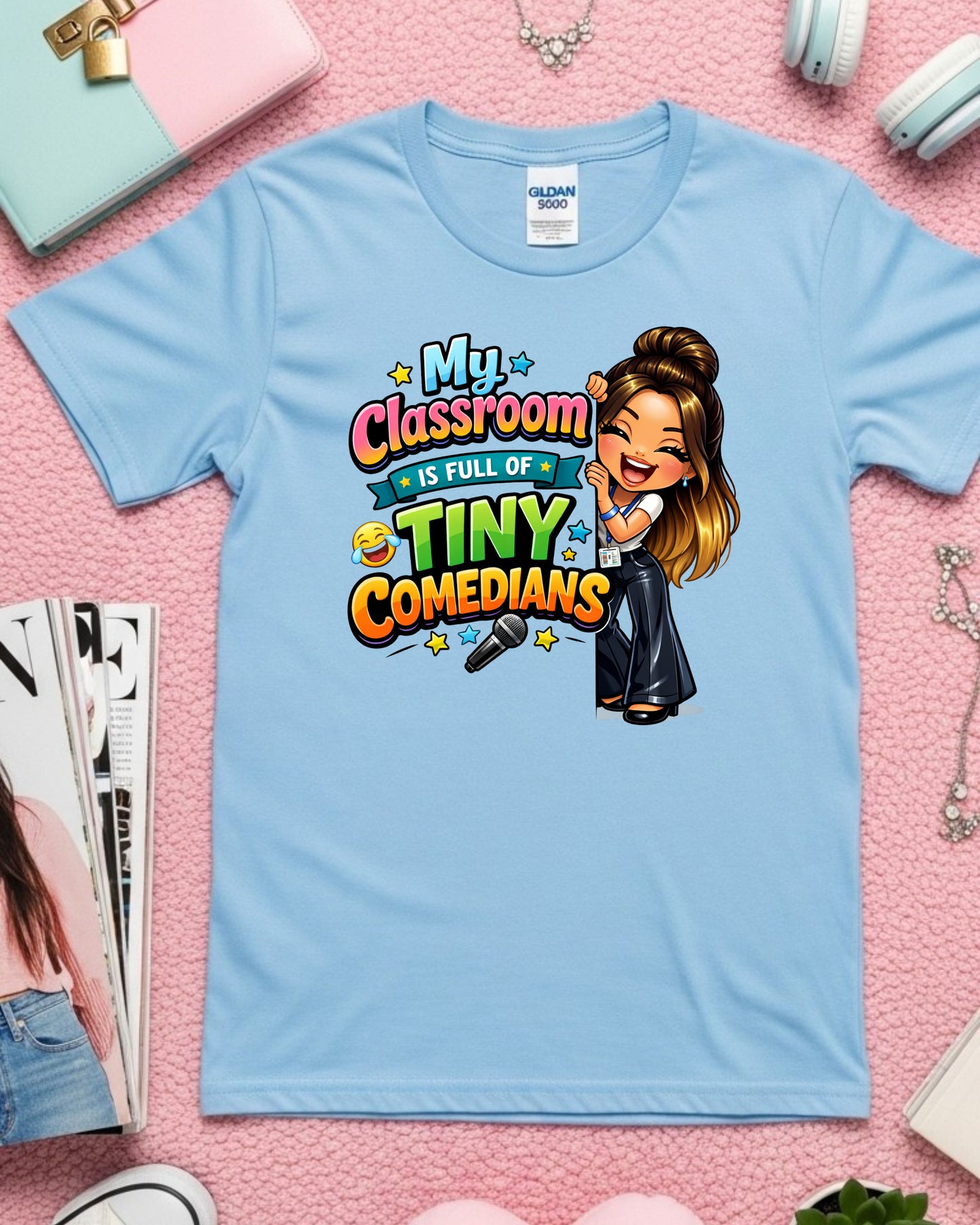 Tiny Comedians Teacher Shirt Funny Classroom Tee Cute Cartoon Teacher Graphic T‑Shirt Colourful School Humour Top