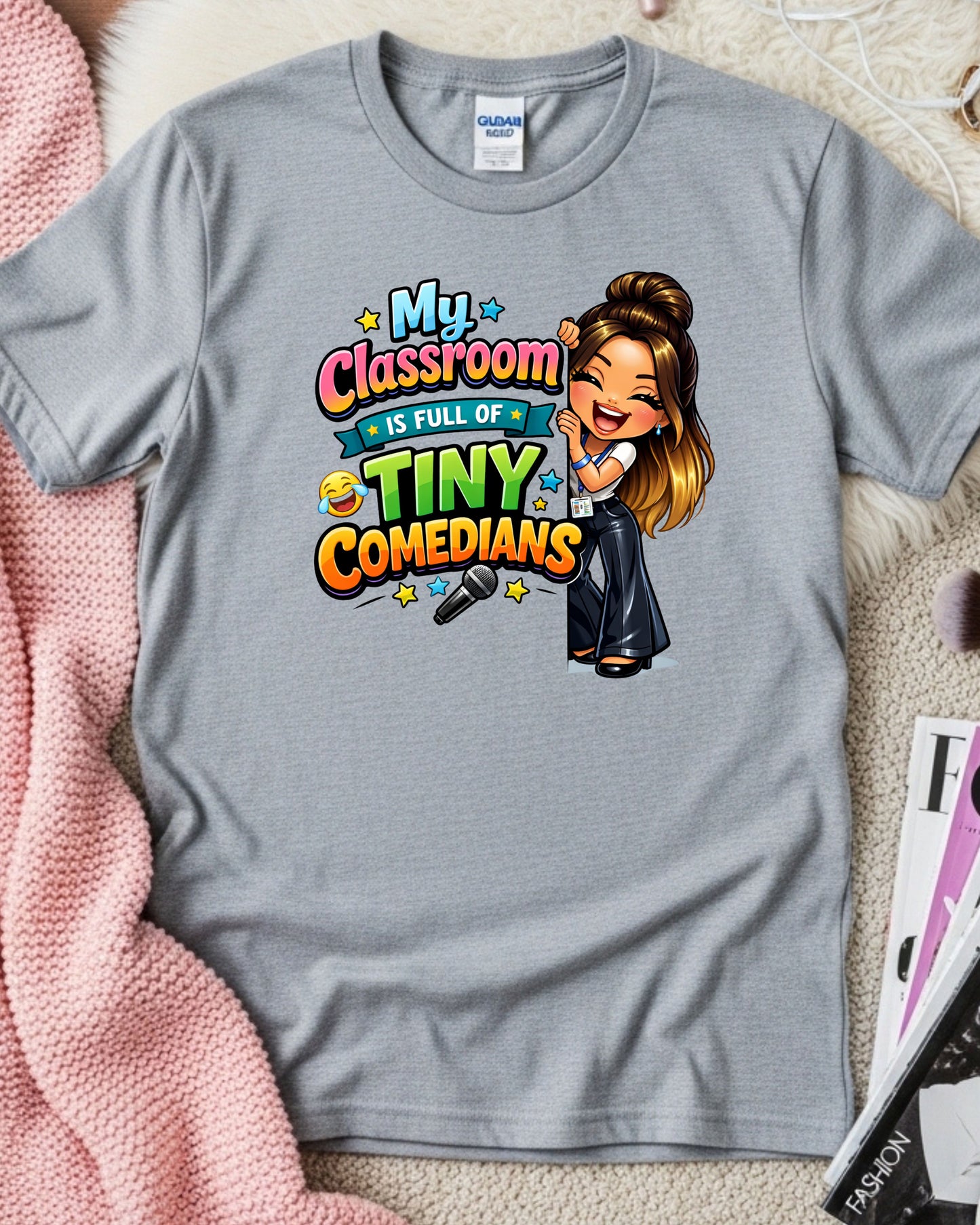 Tiny Comedians Teacher Shirt Funny Classroom Tee Cute Cartoon Teacher Graphic T‑Shirt Colourful School Humour Top